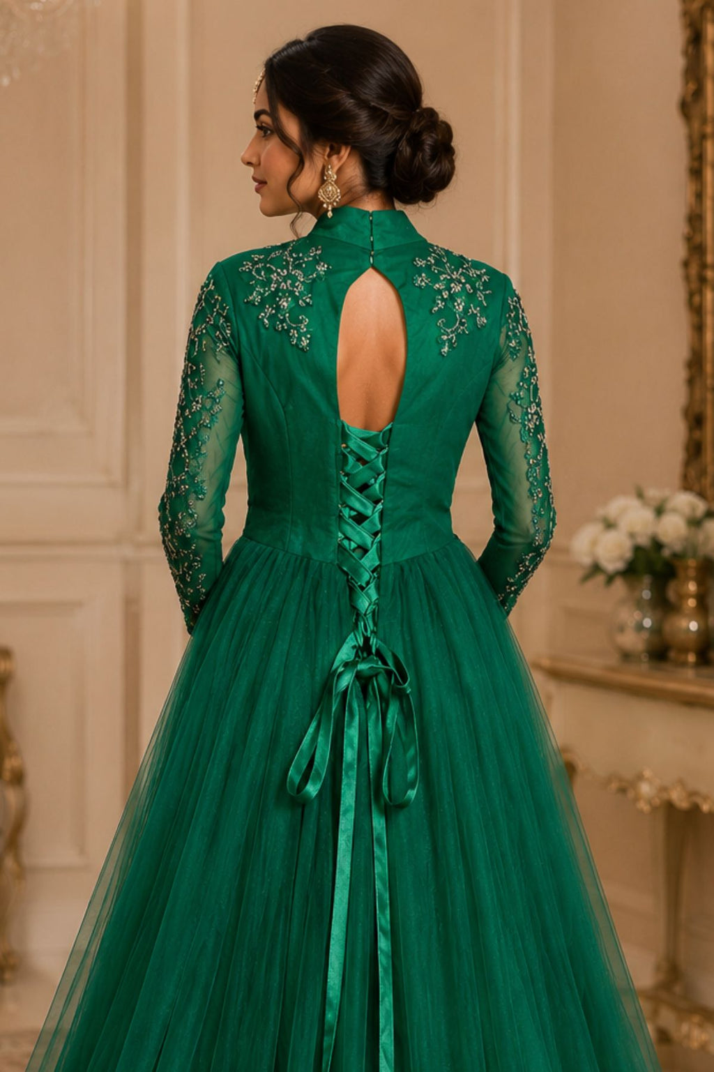 Green Sequins Embroidered Bridal Gown