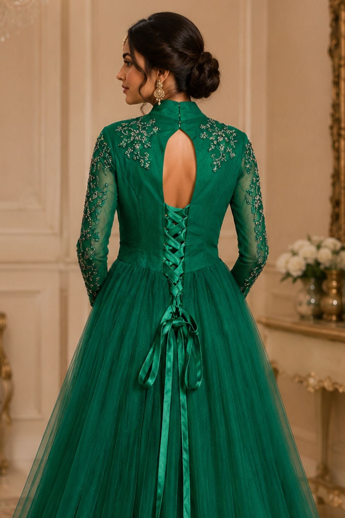 Green Sequins Embroidered Bridal Gown