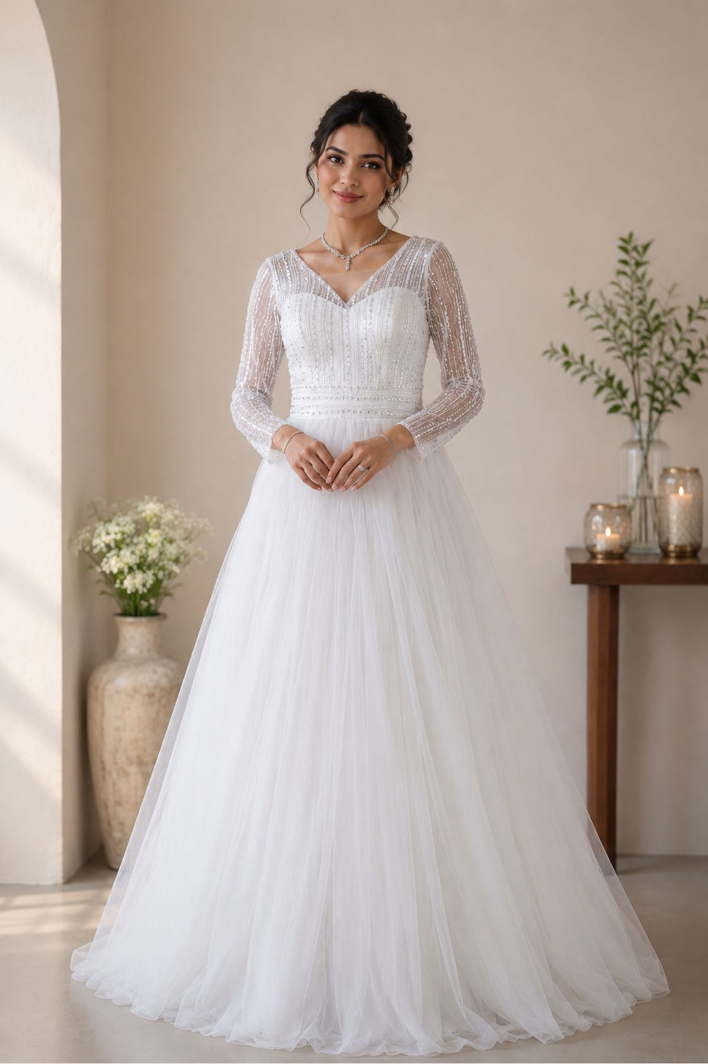 White Floral V-Neck Bridal Gown