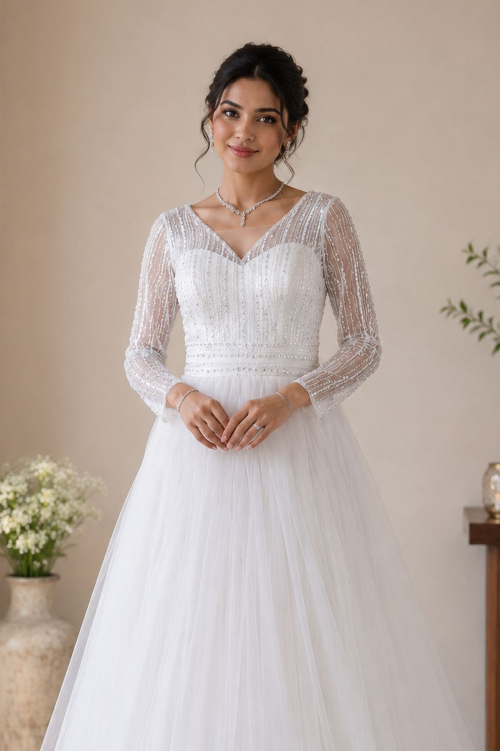 White Floral V-Neck Bridal Gown