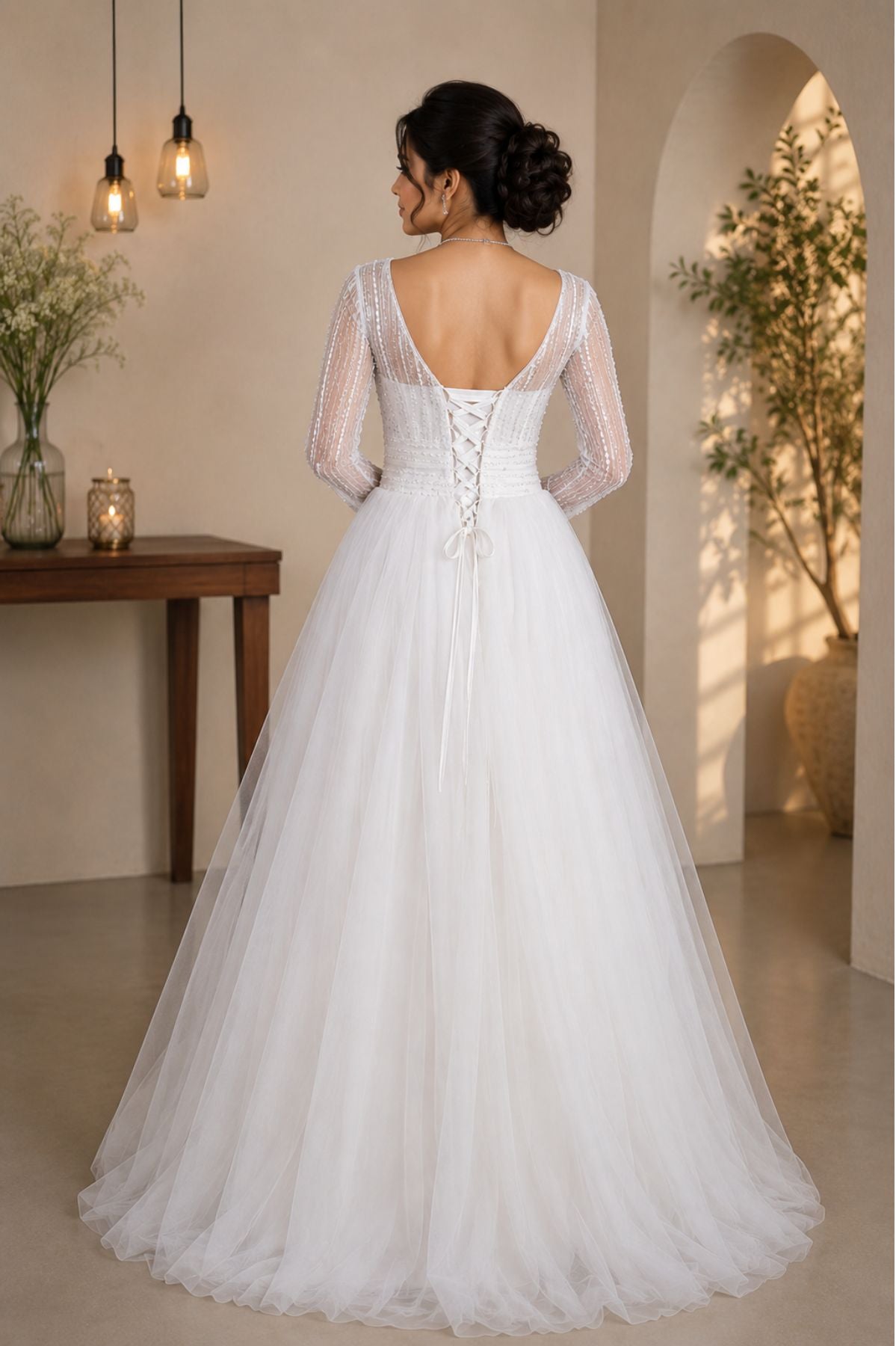 White Floral V-Neck Bridal Gown