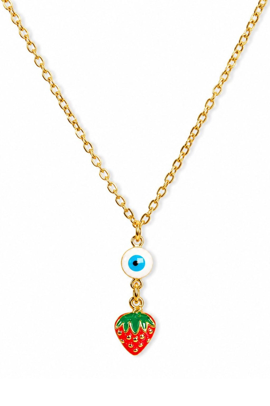 Gold Strawberry & Evil Eye Charm Pendant Chain