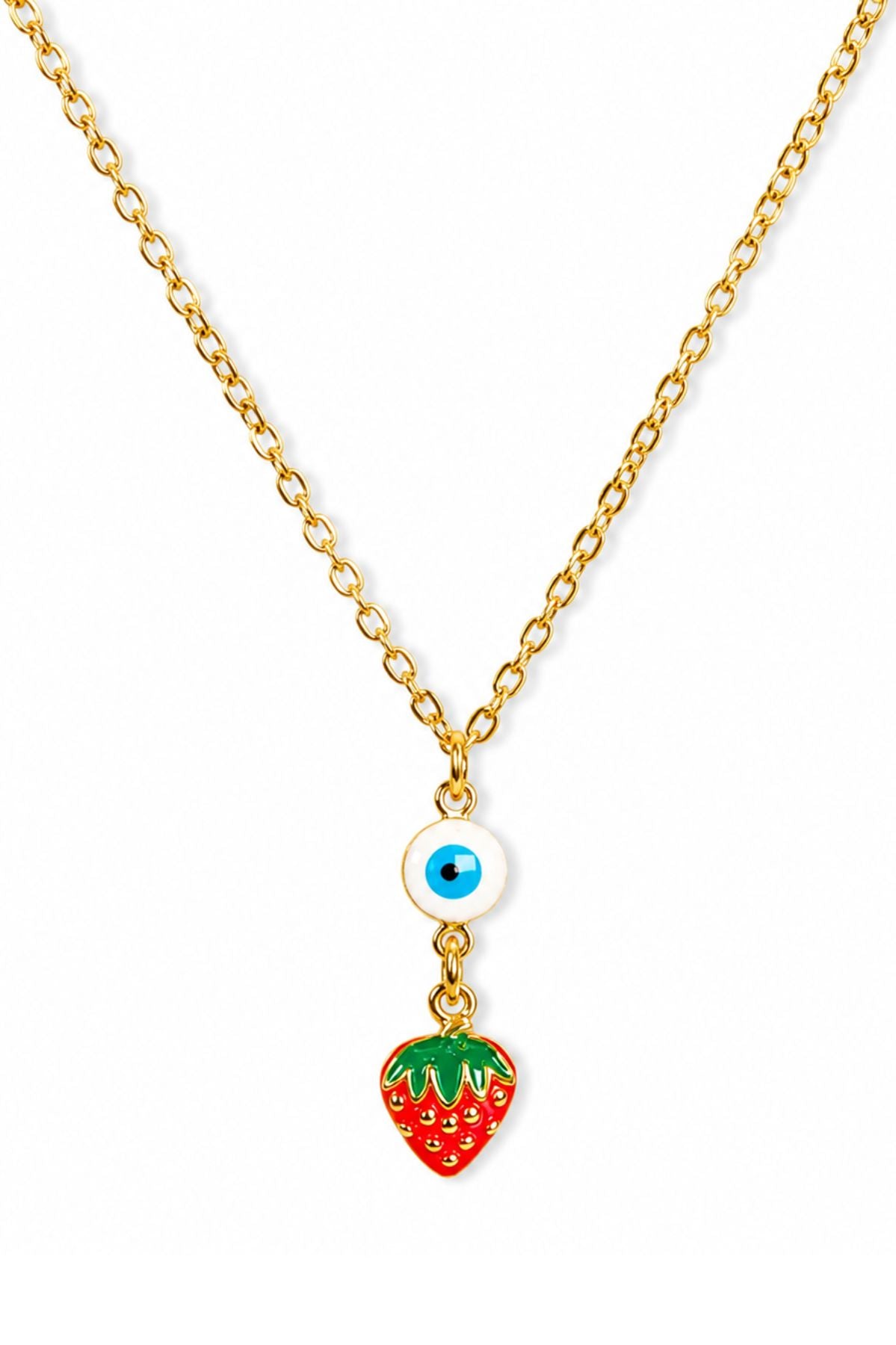 Gold Strawberry & Evil Eye Charm Pendant Chain