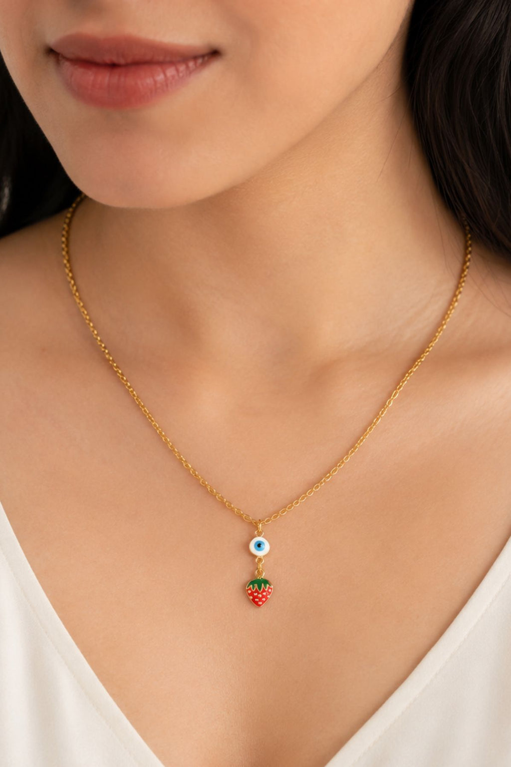 Gold Strawberry & Evil Eye Charm Pendant Chain