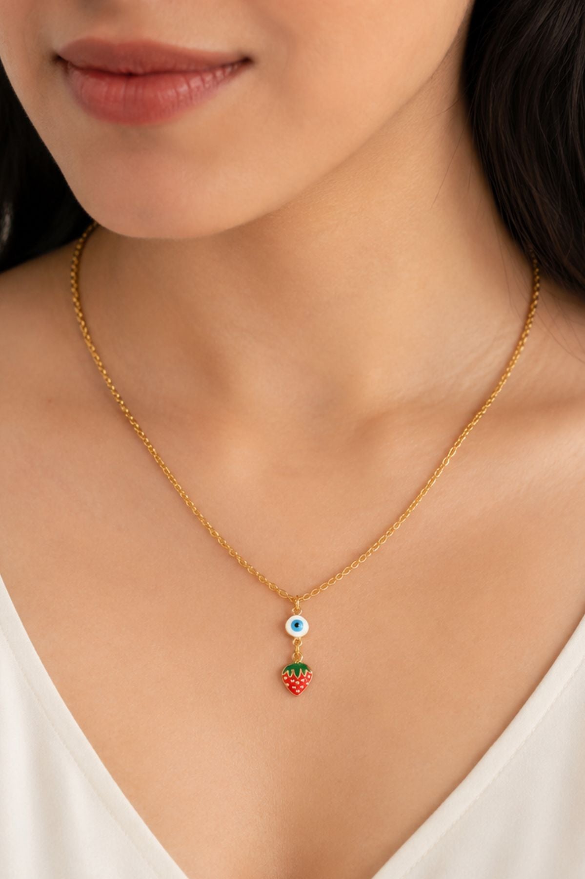 Gold Strawberry & Evil Eye Charm Pendant Chain