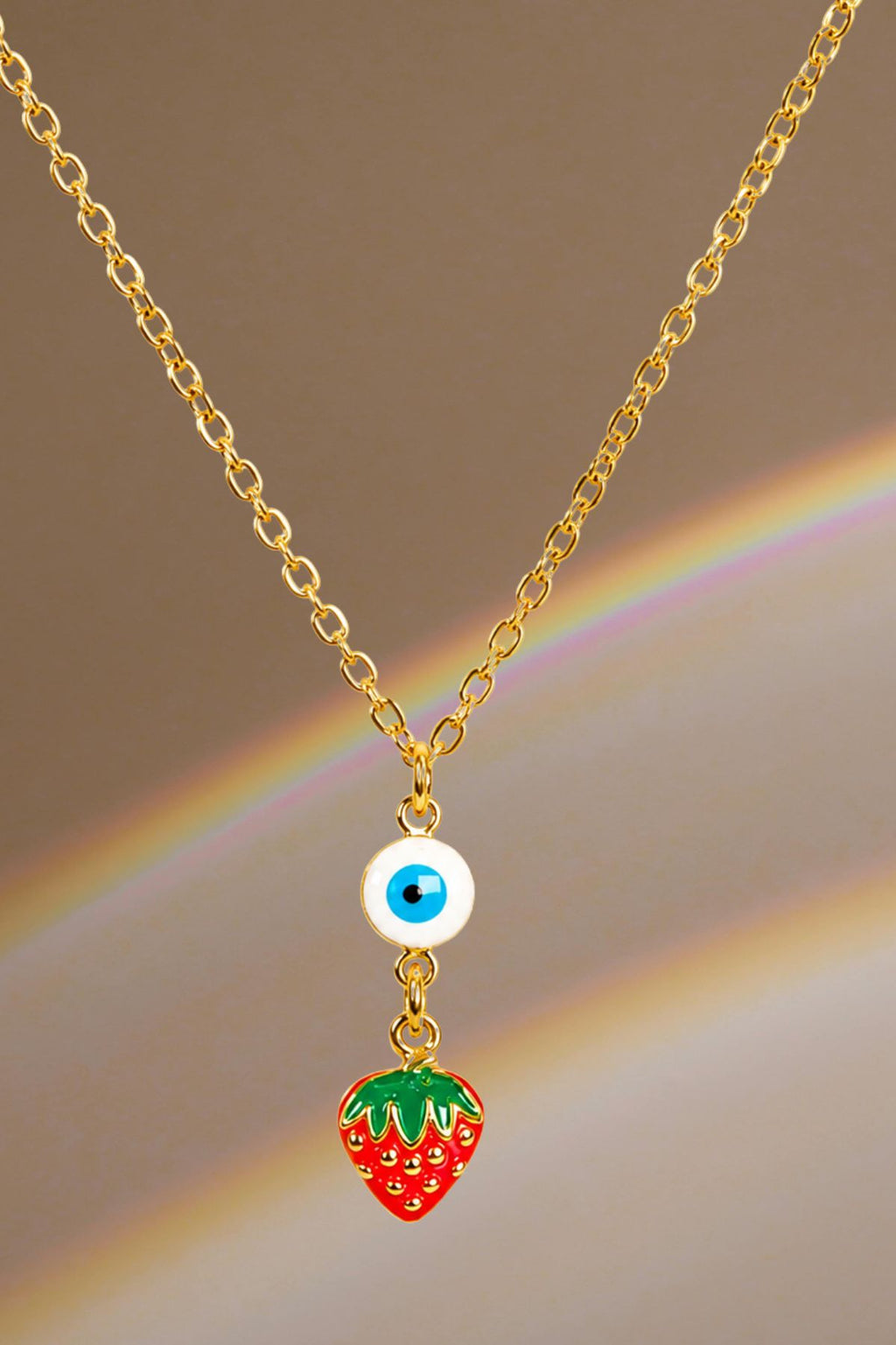 Gold Strawberry & Evil Eye Charm Pendant Chain