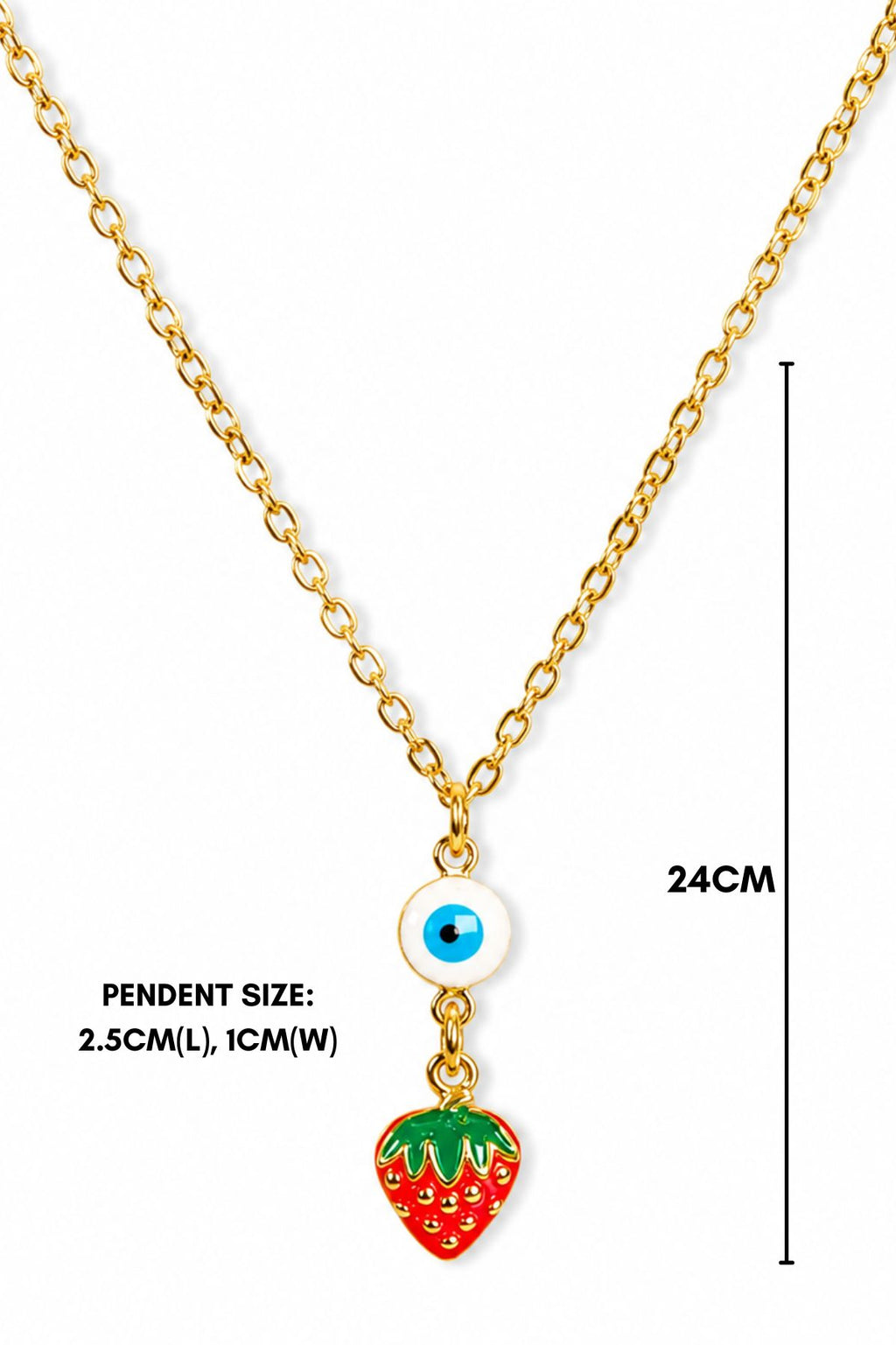 Gold Strawberry & Evil Eye Charm Pendant Chain