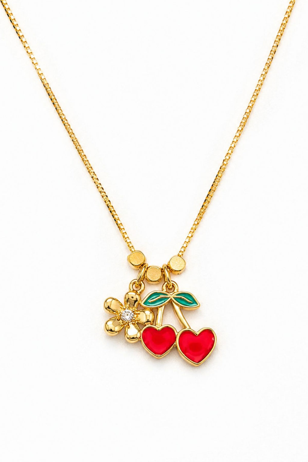 Gold Cherry Pendant & Flower Charm Chain
