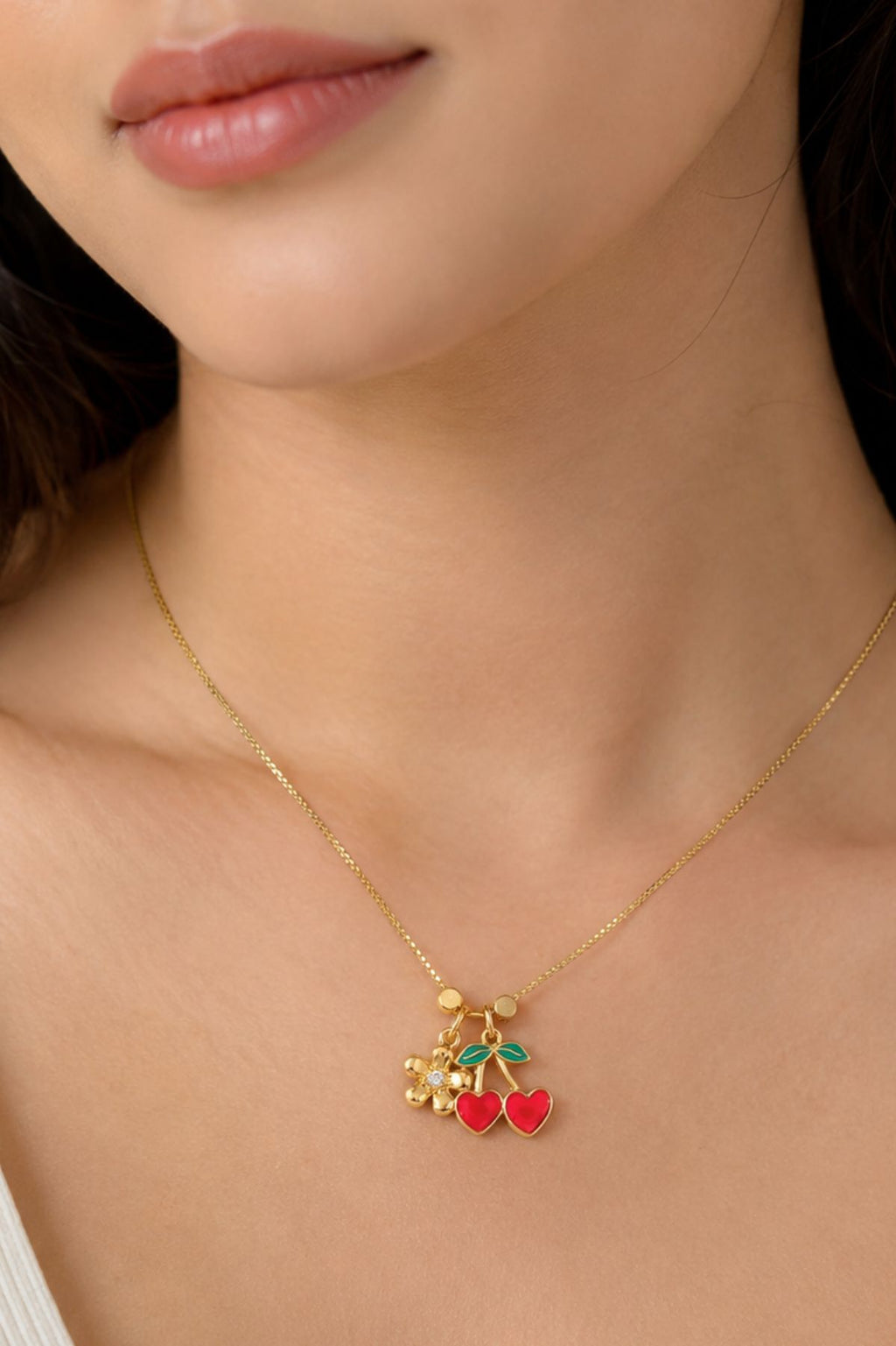 Gold Cherry Pendant & Flower Charm Chain