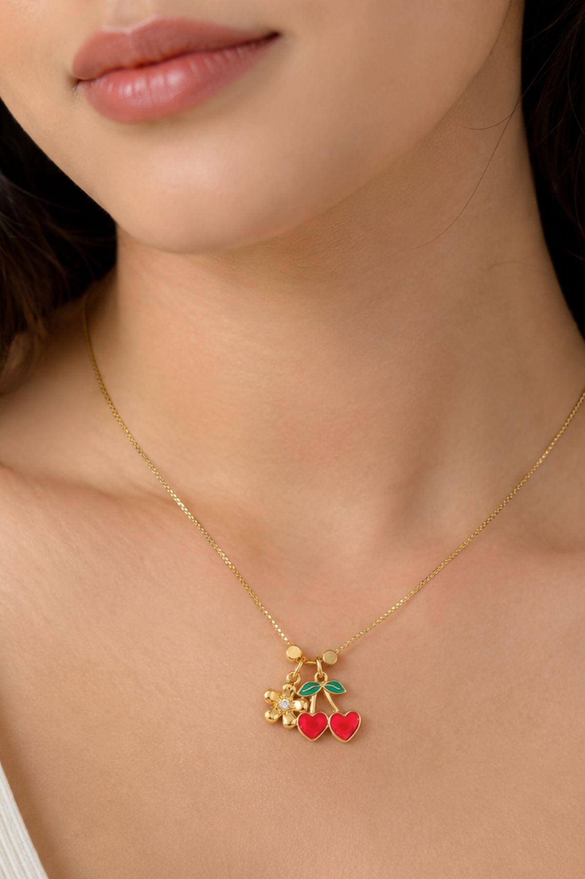 Gold Cherry Pendant & Flower Charm Chain