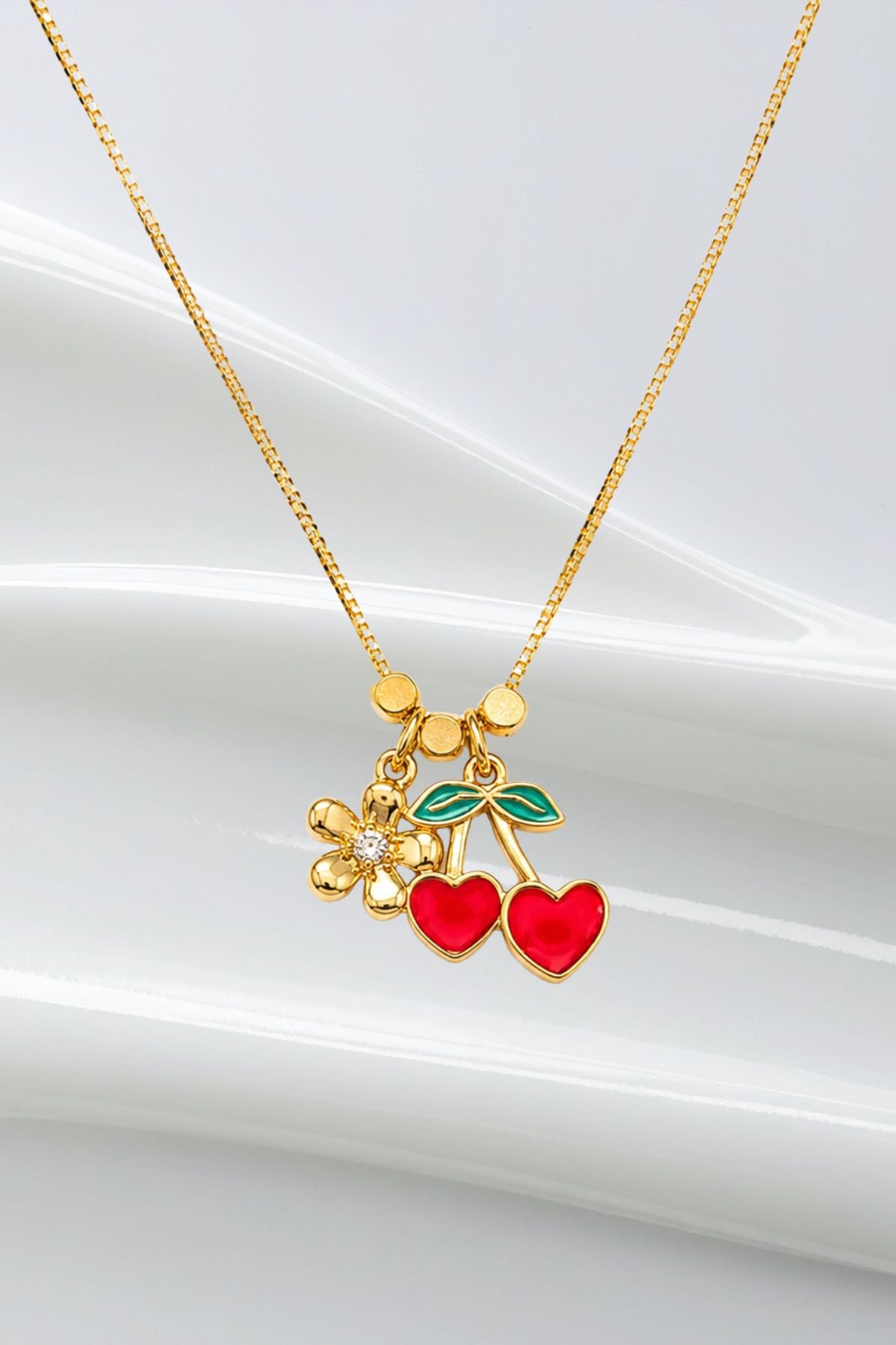 Gold Cherry Pendant & Flower Charm Chain