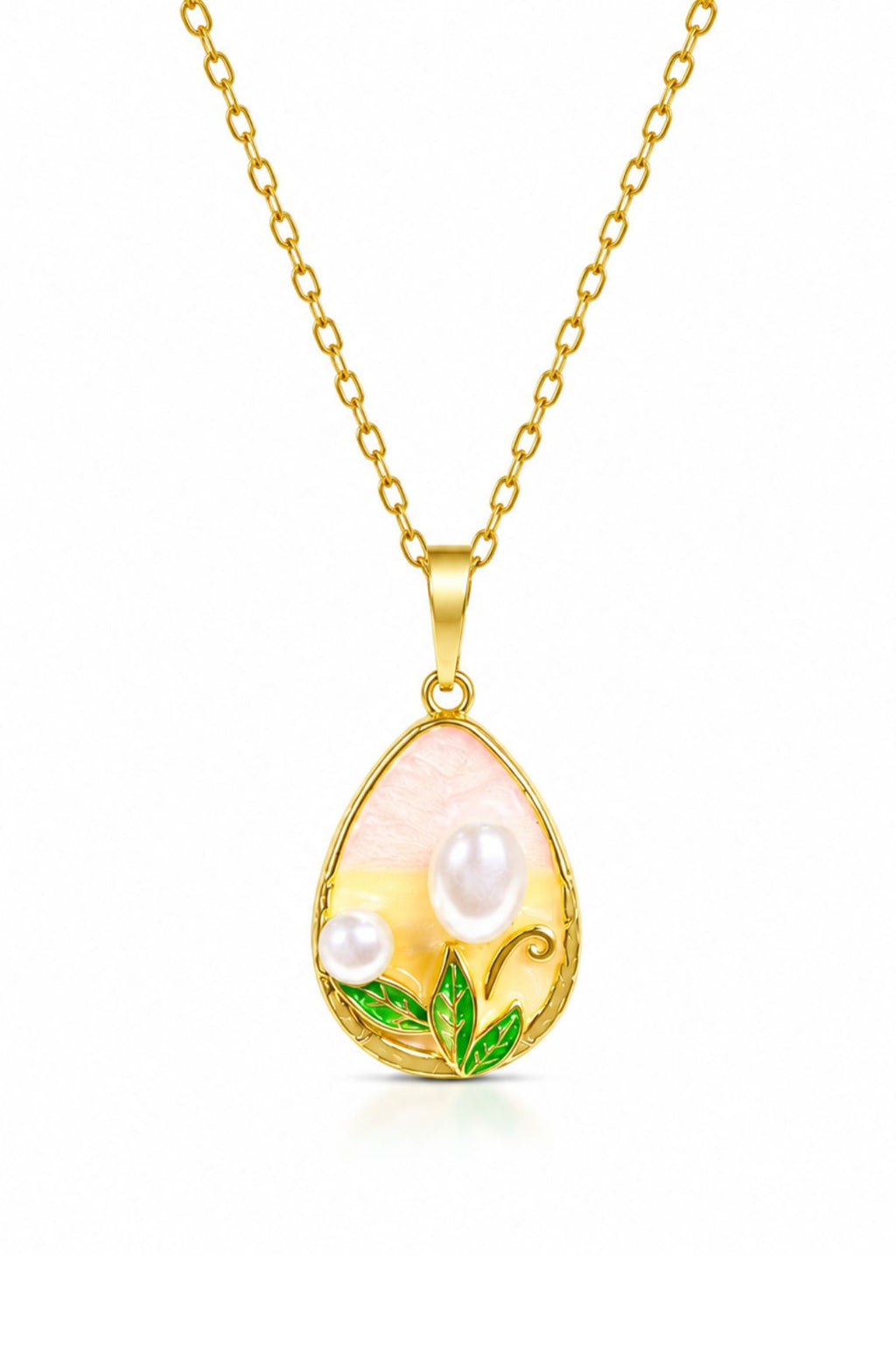 Gold Two Pearls & Leaf Pendant Chain