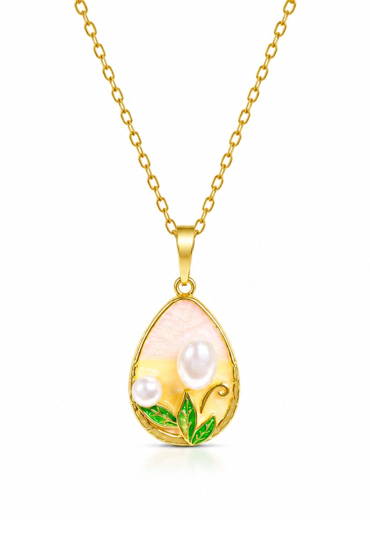 Gold Two Pearls & Leaf Pendant Chain
