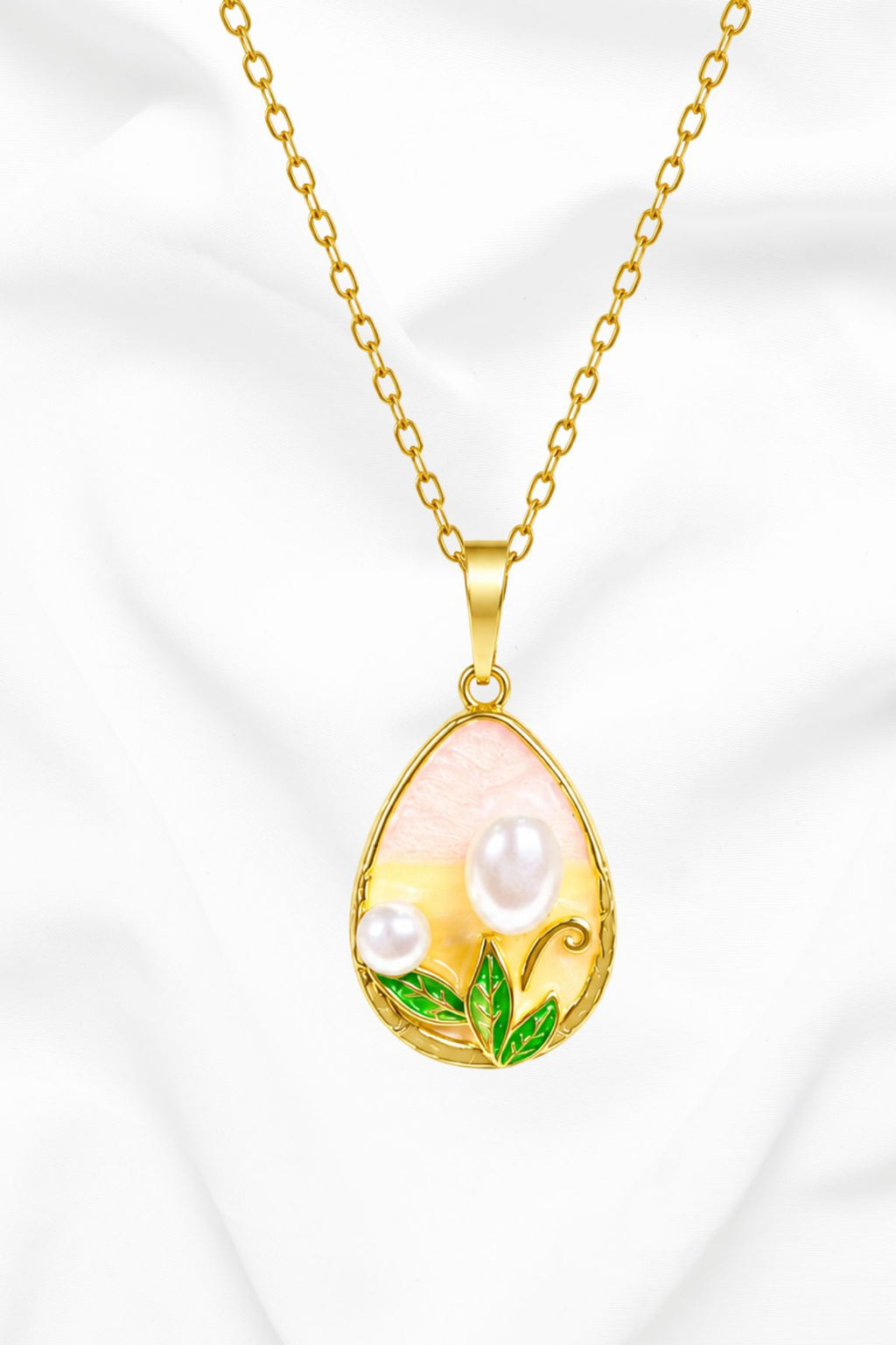 Gold Two Pearls & Leaf Pendant Chain