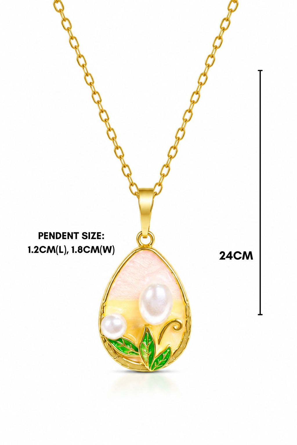 Gold Two Pearls & Leaf Pendant Chain