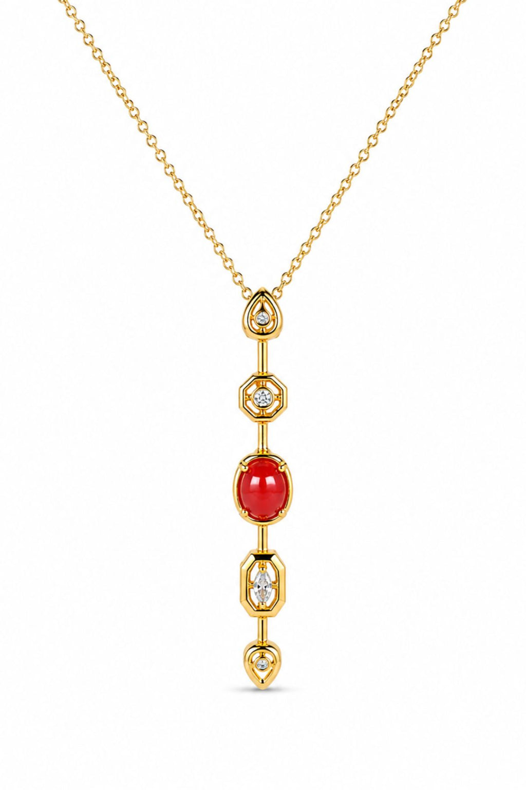 Gold Necklace with Red & Clear Gemstone Accents