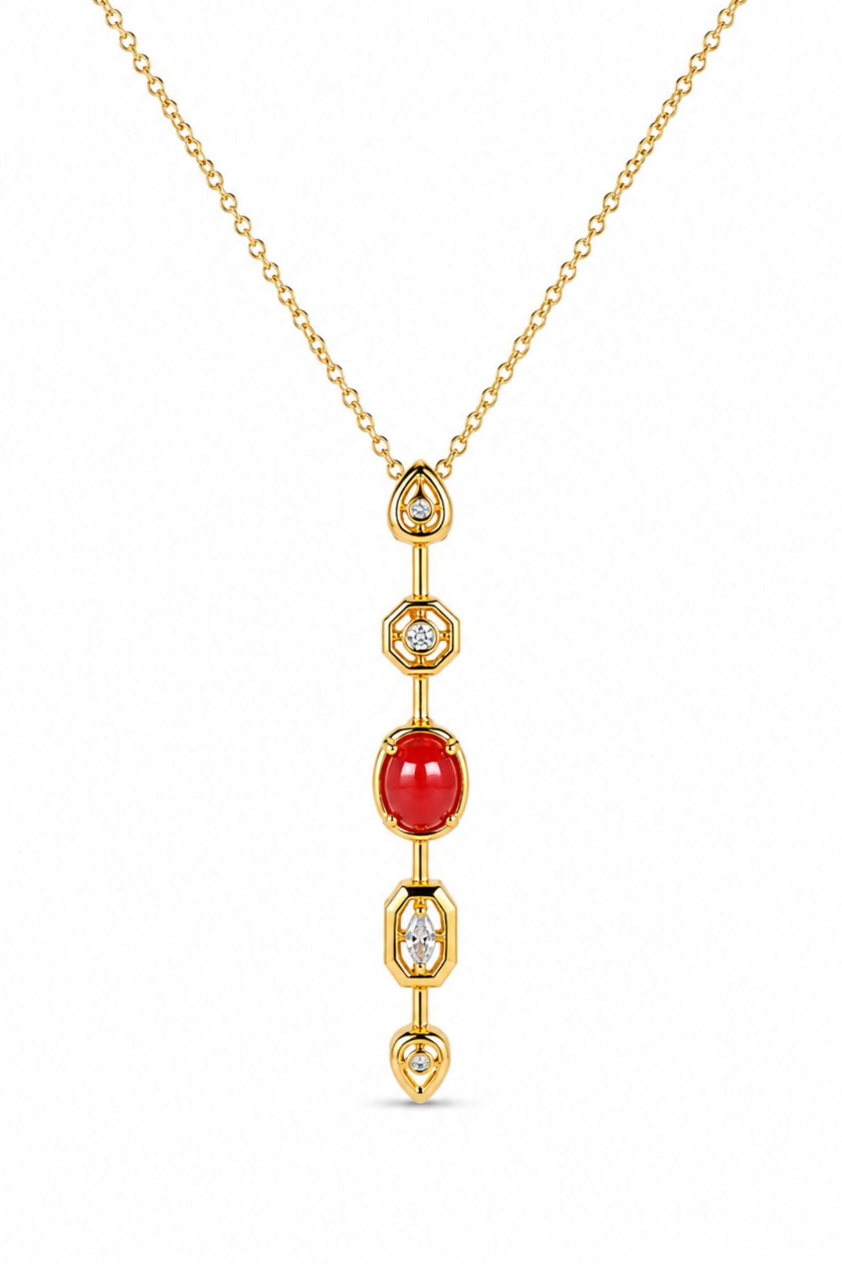 Gold Necklace with Red & Clear Gemstone Accents