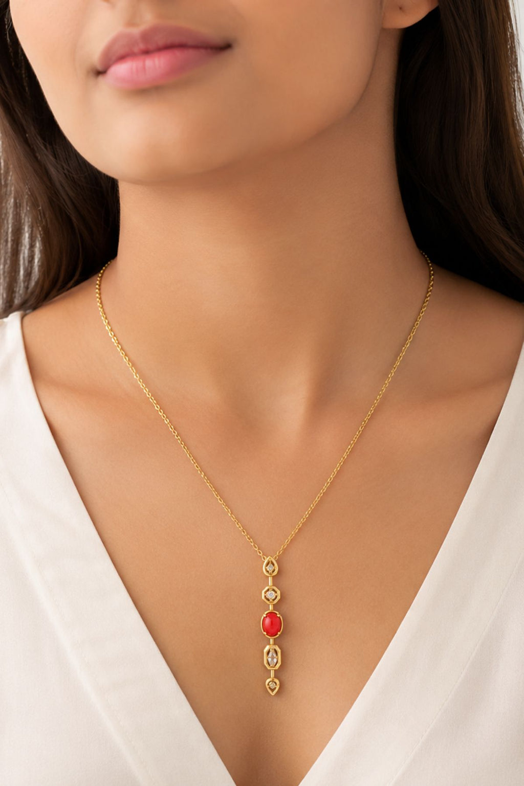 Gold Necklace with Red & Clear Gemstone Accents