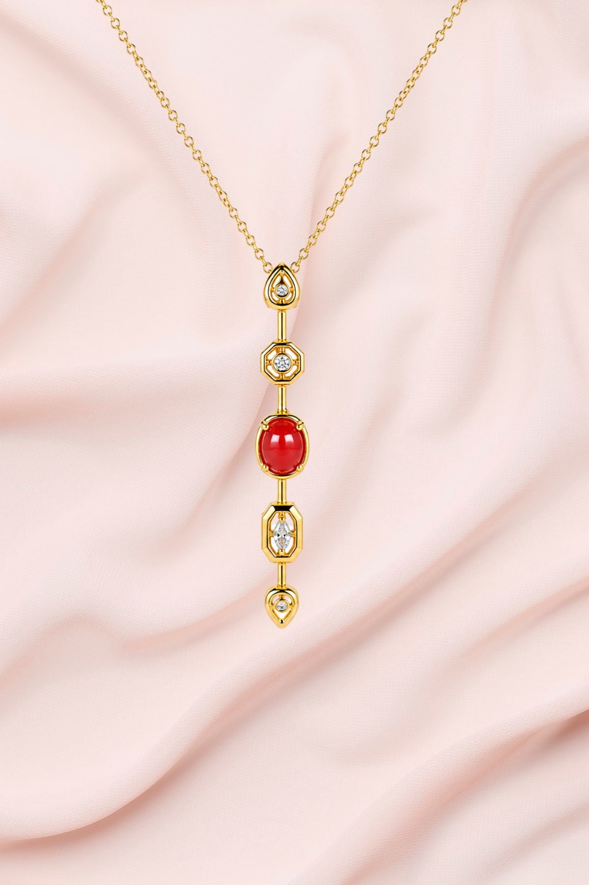 Gold Necklace with Red & Clear Gemstone Accents