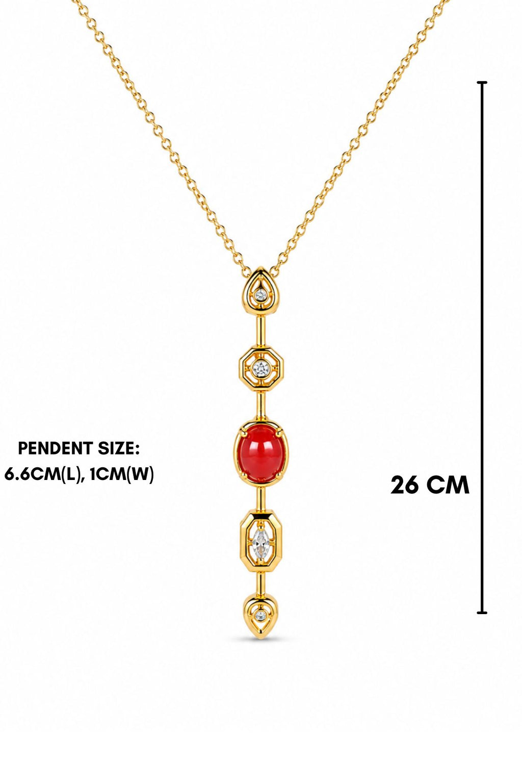 Gold Necklace with Red & Clear Gemstone Accents