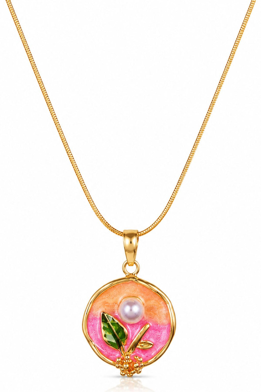 Gold Pearl Resin Art Oval Pendant Chain