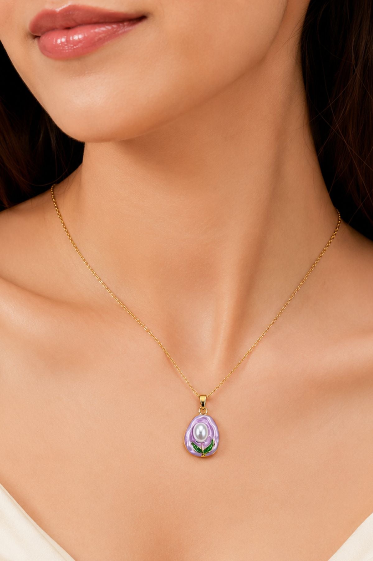 Gold & Purple Shell with Pearl Pendant Chain
