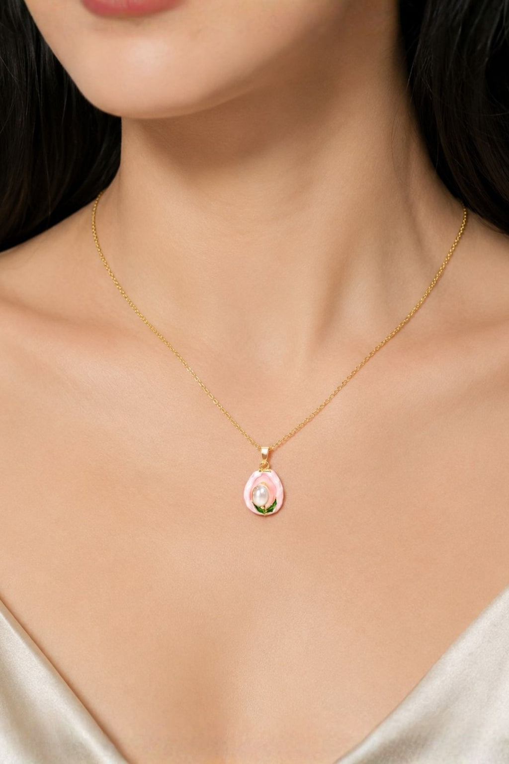 Gold & Pink Shell with Pearl Pendant Chain