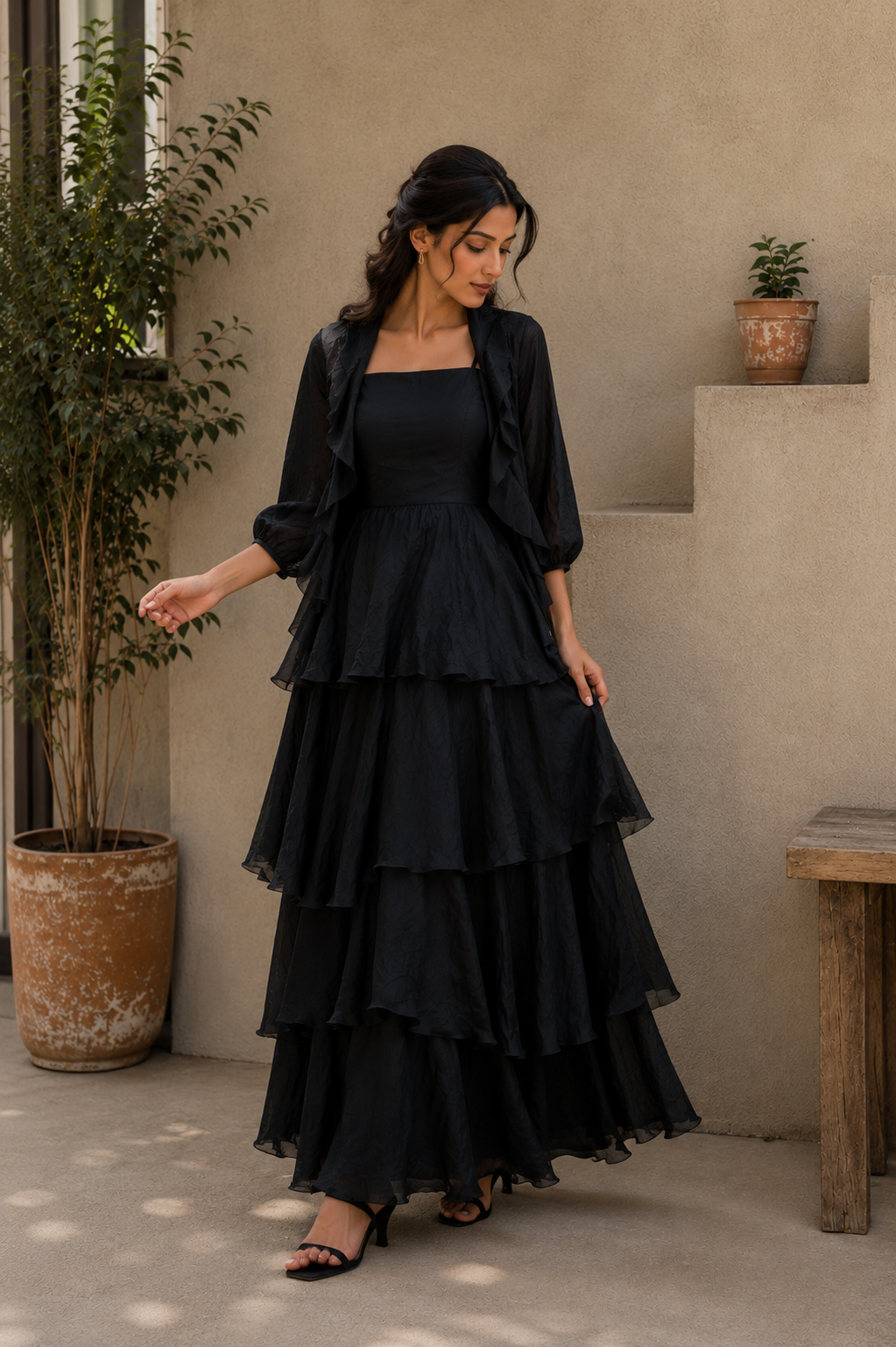 Black Sheer Silk Jacket With Strapless Dress Set
