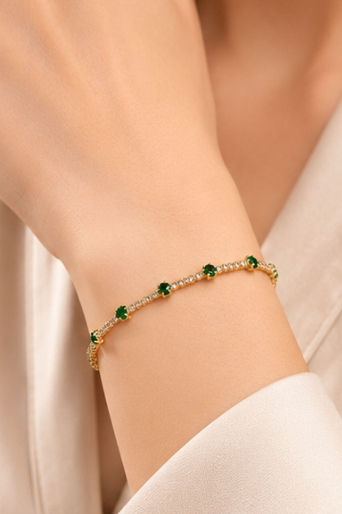 Green Gemstones Gold-Toned Tennis Bracelet