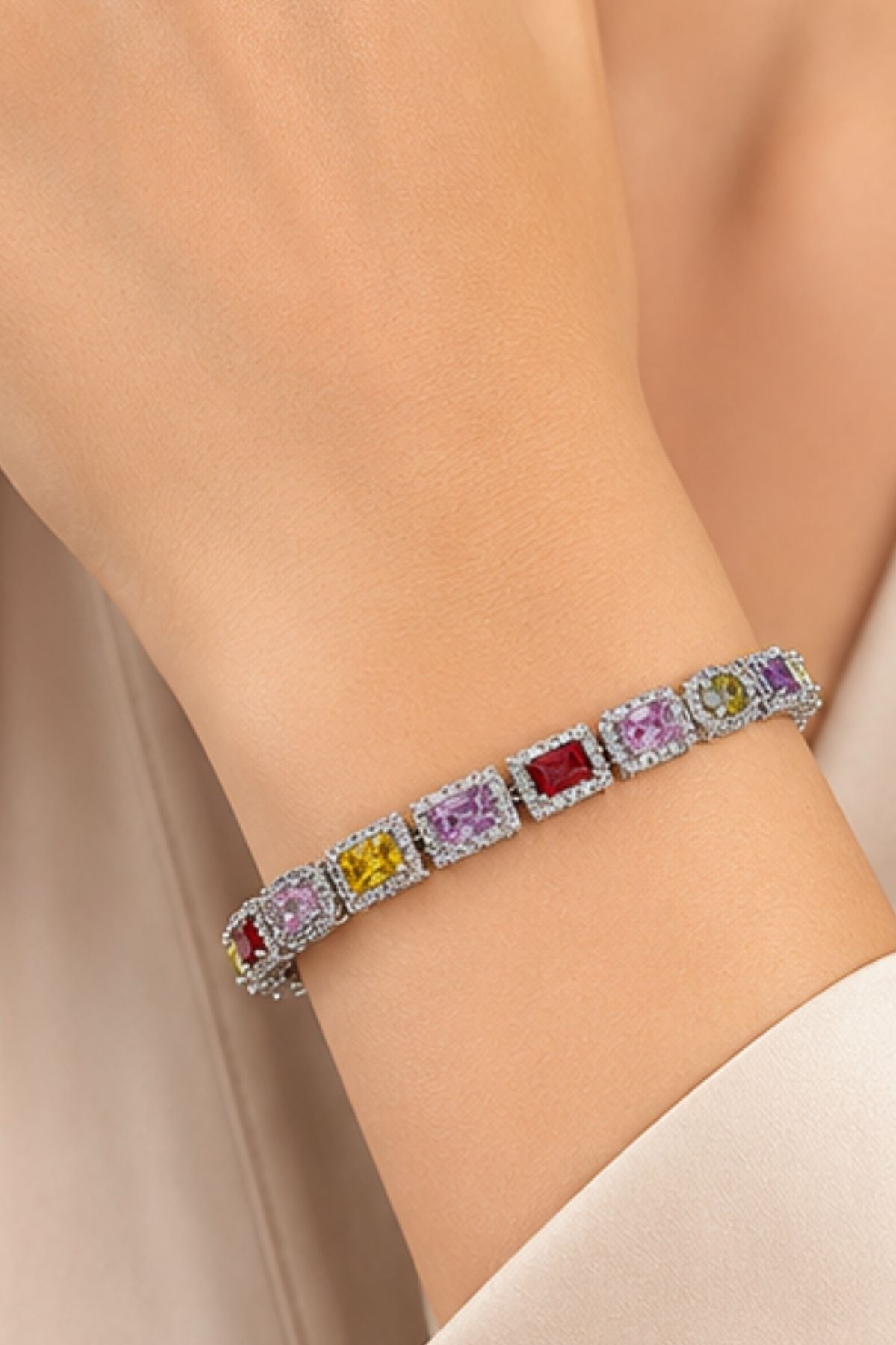 Silver Tennis Bracelet with Multi-Colored CZ Stones