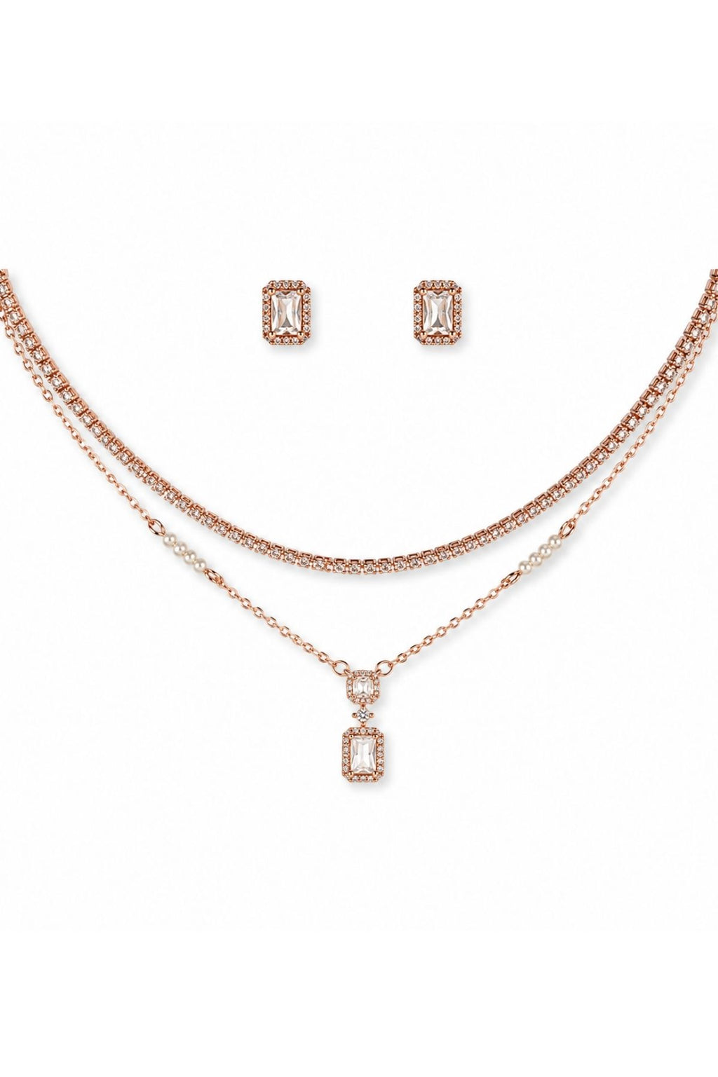 Rose Gold Dual-Layer Necklace & Earrings Set