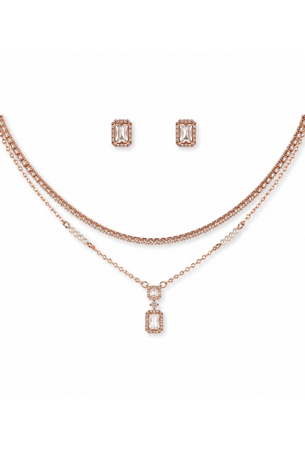Rose Gold Dual-Layer Necklace & Earrings Set