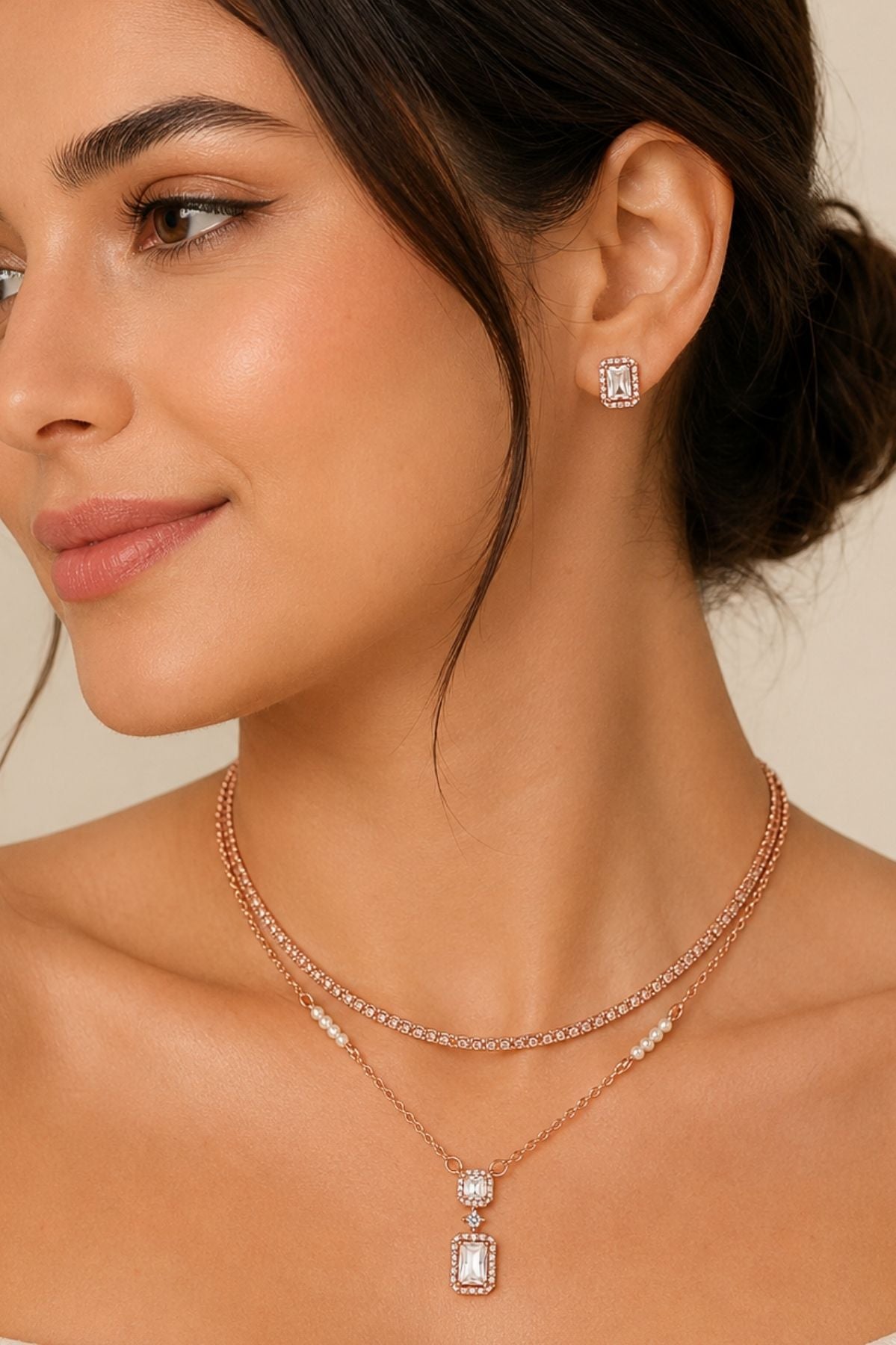 Rose Gold Dual-Layer Necklace & Earrings Set