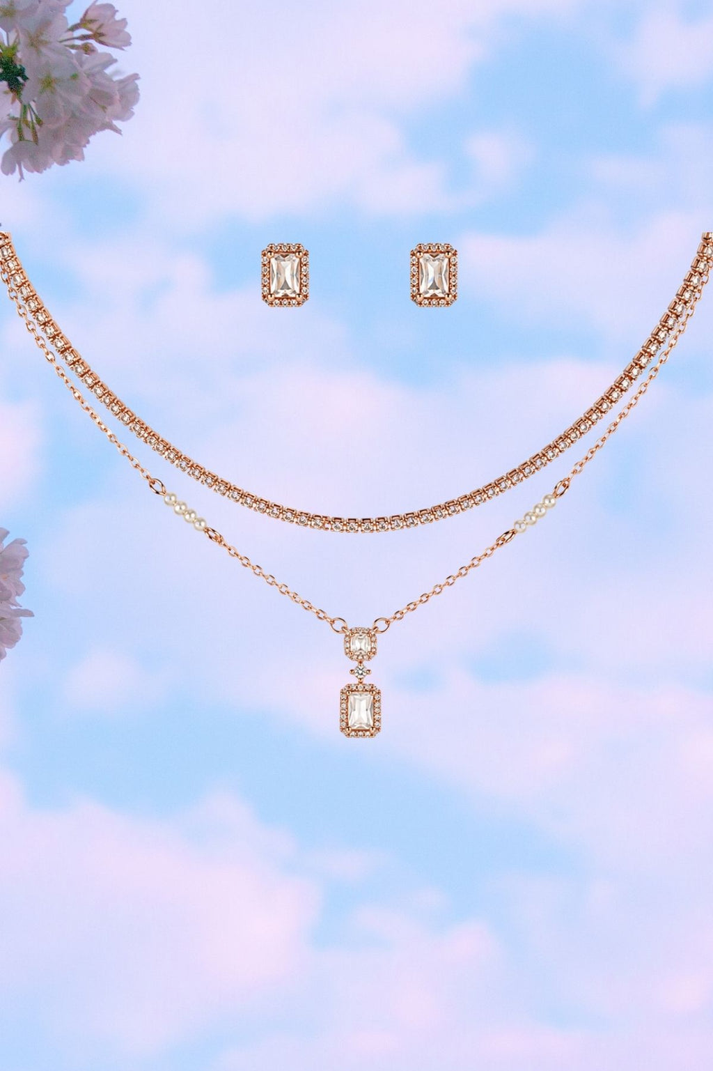 Rose Gold Dual-Layer Necklace & Earrings Set