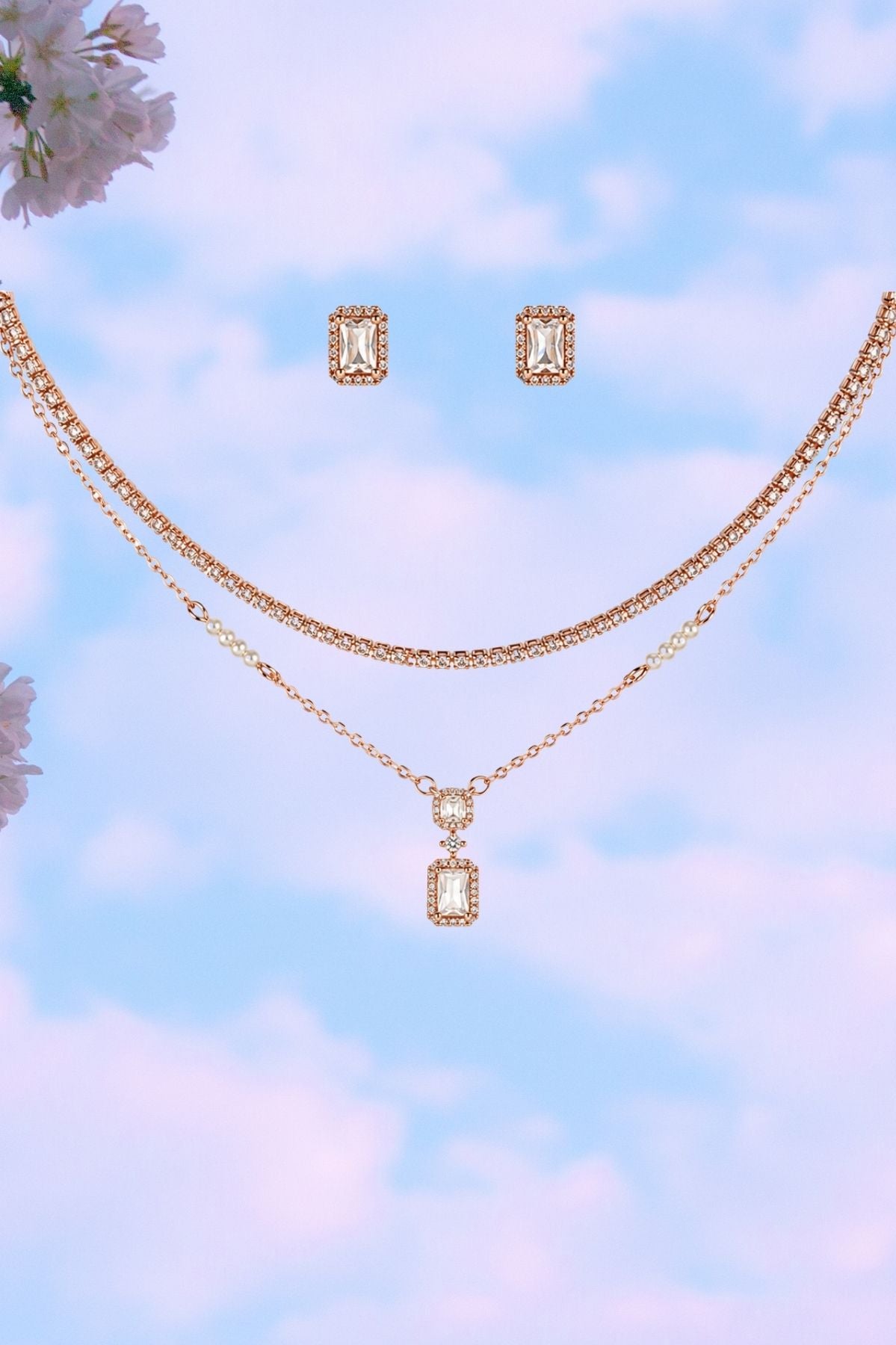 Rose Gold Dual-Layer Necklace & Earrings Set