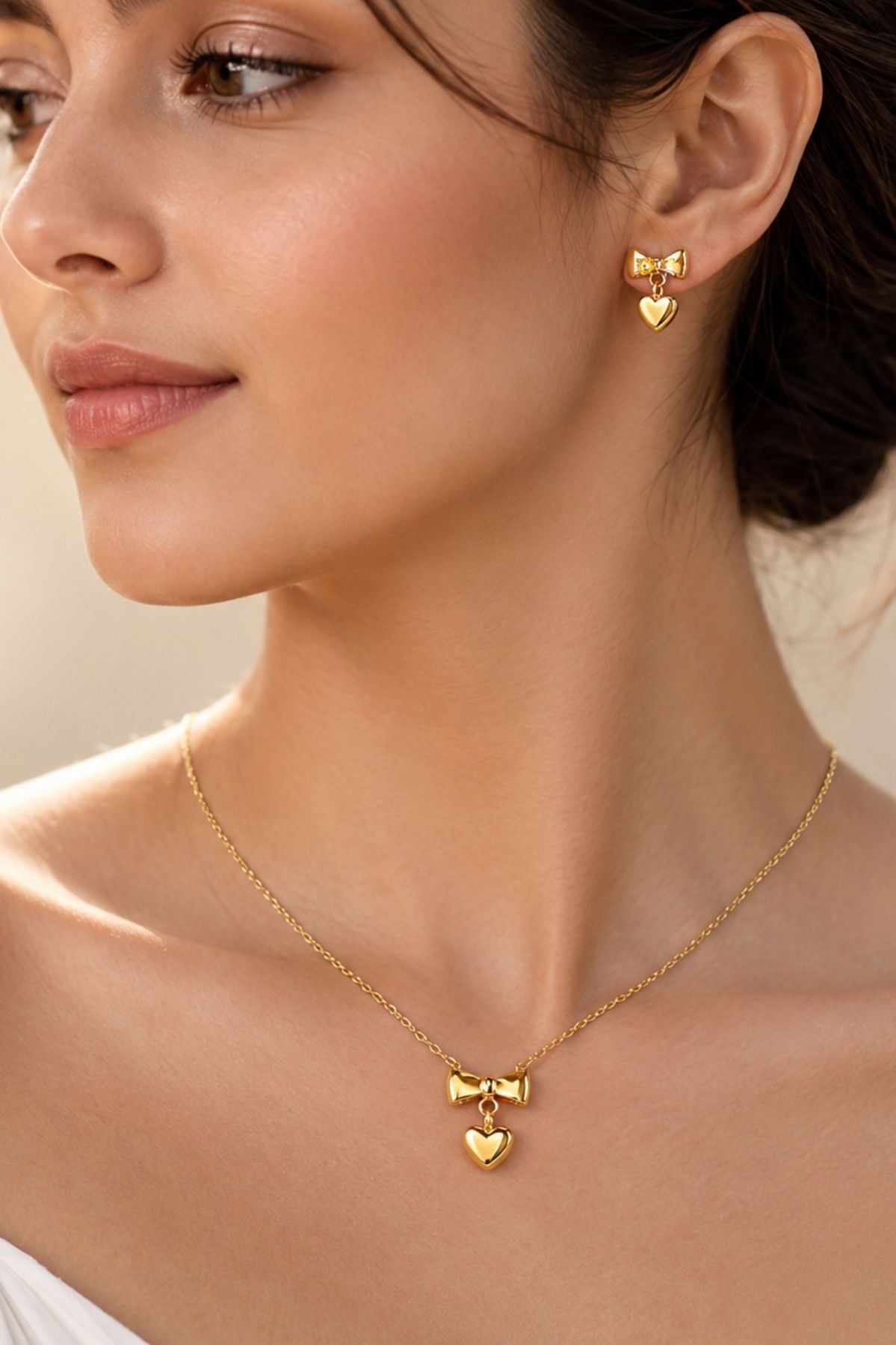 Heart Bow Pendant Necklace and Earrings Set