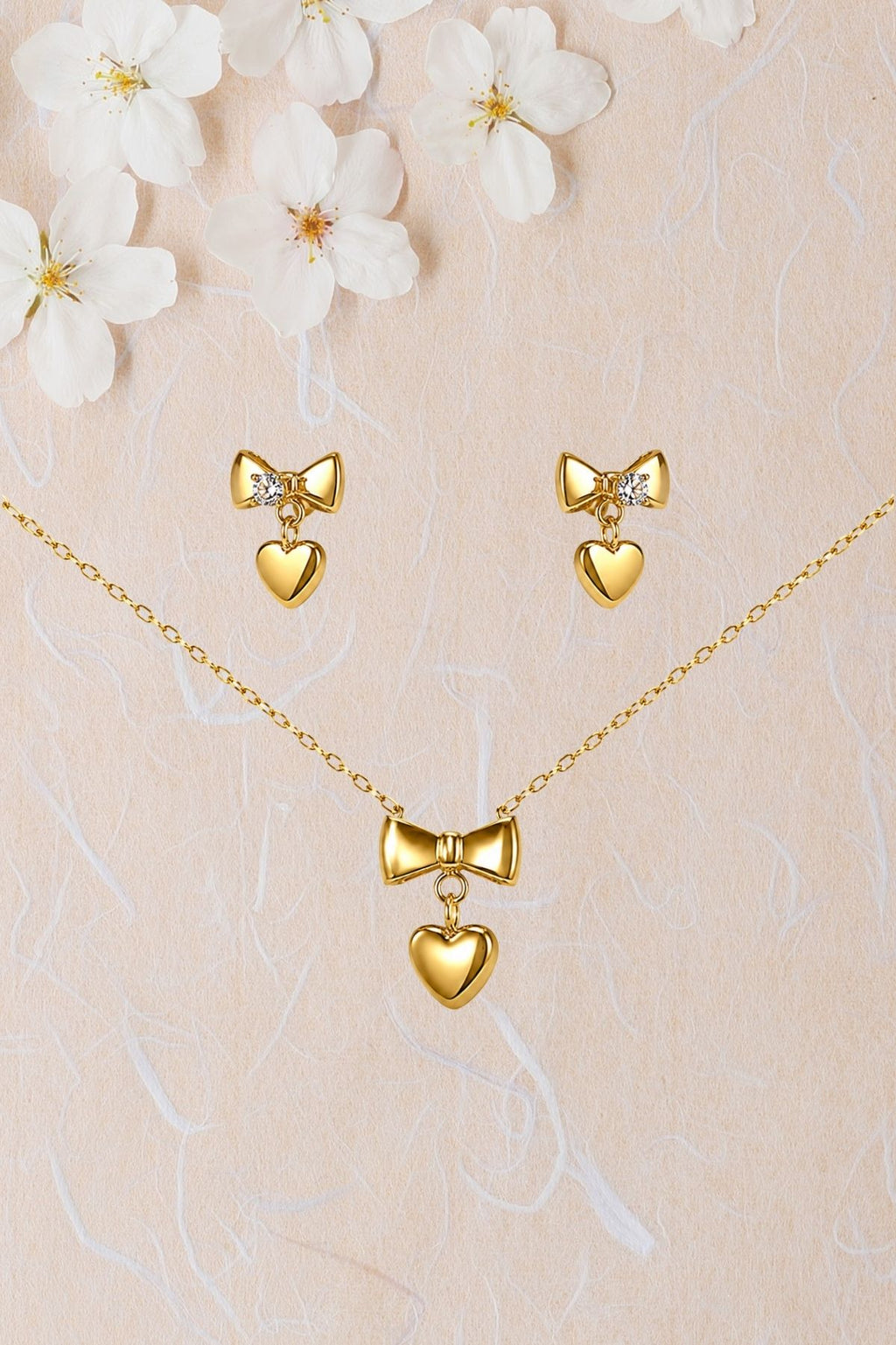 Heart Bow Pendant Necklace and Earrings Set