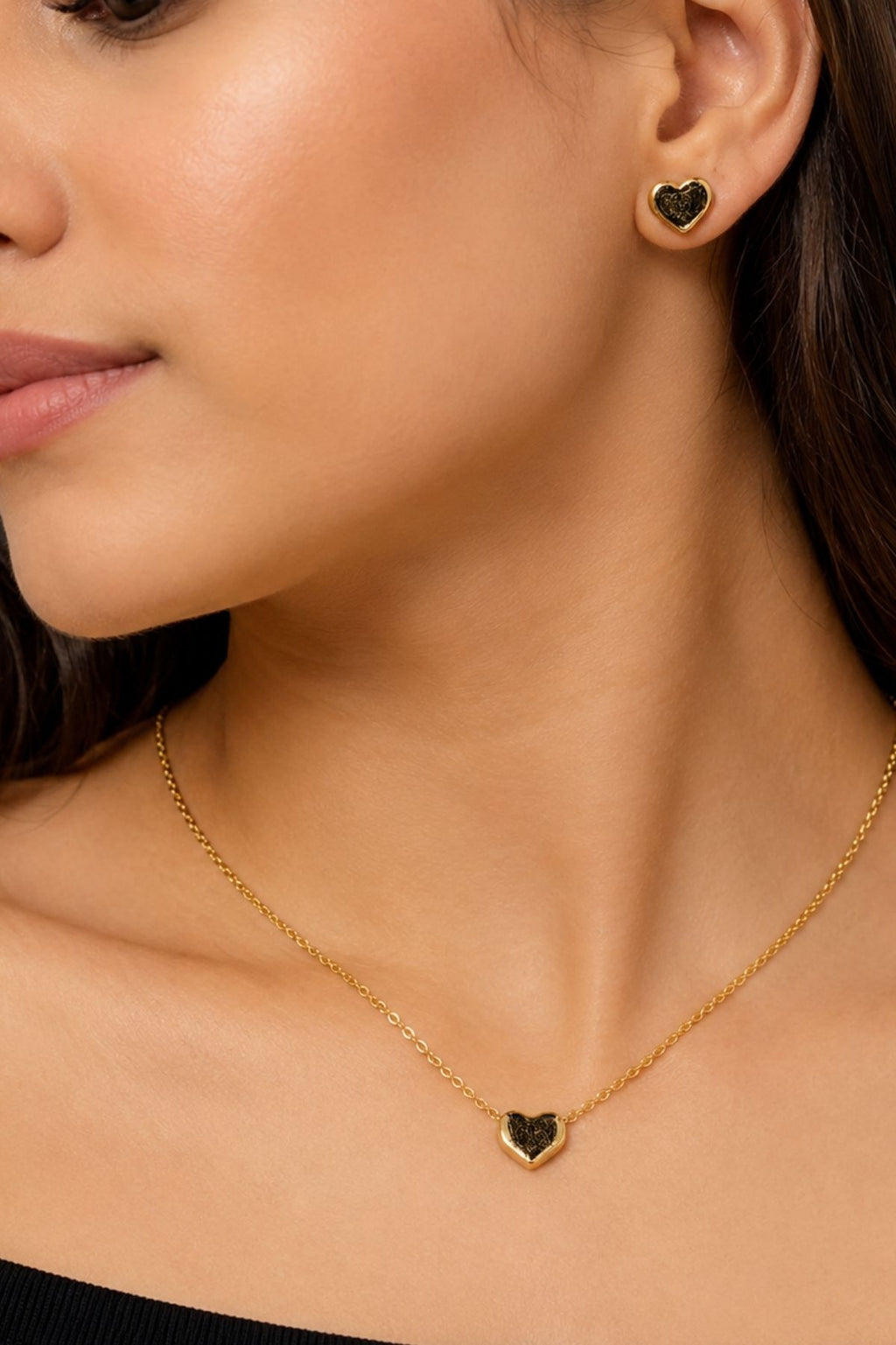 Gold Heart Pendant Chain Set with Earrings