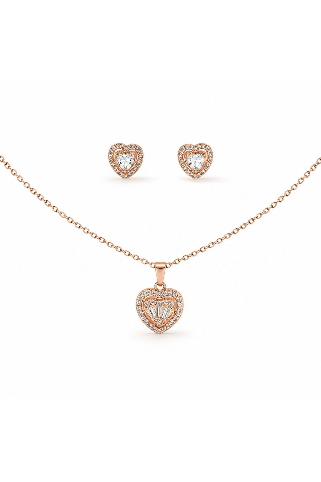 Rose Gold Heart Pendant Necklace and Earrings Set