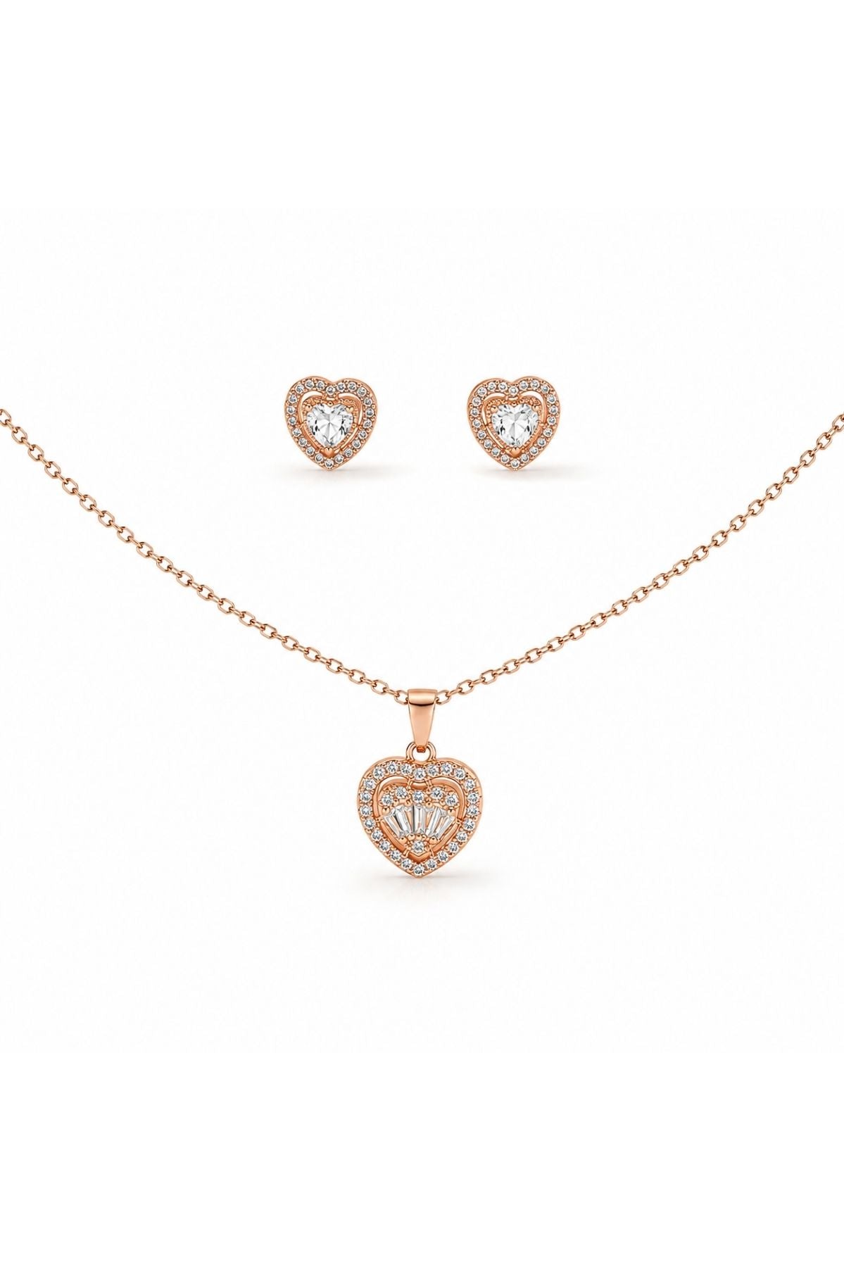Rose Gold Heart Pendant Necklace and Earrings Set