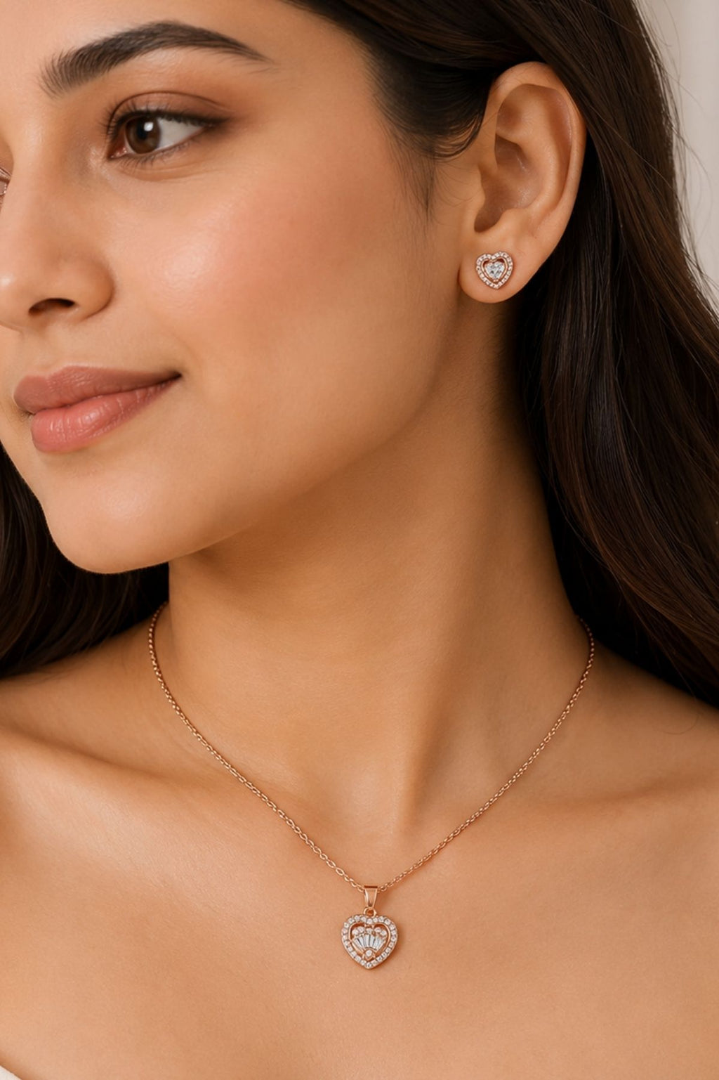Rose Gold Heart Pendant Necklace and Earrings Set