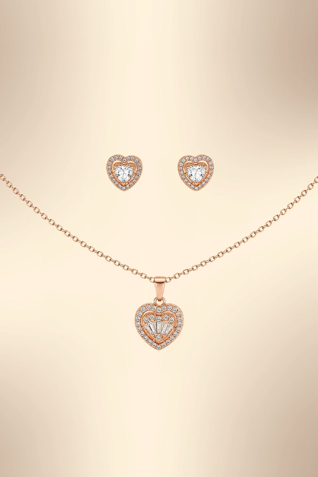 Rose Gold Heart Pendant Necklace and Earrings Set
