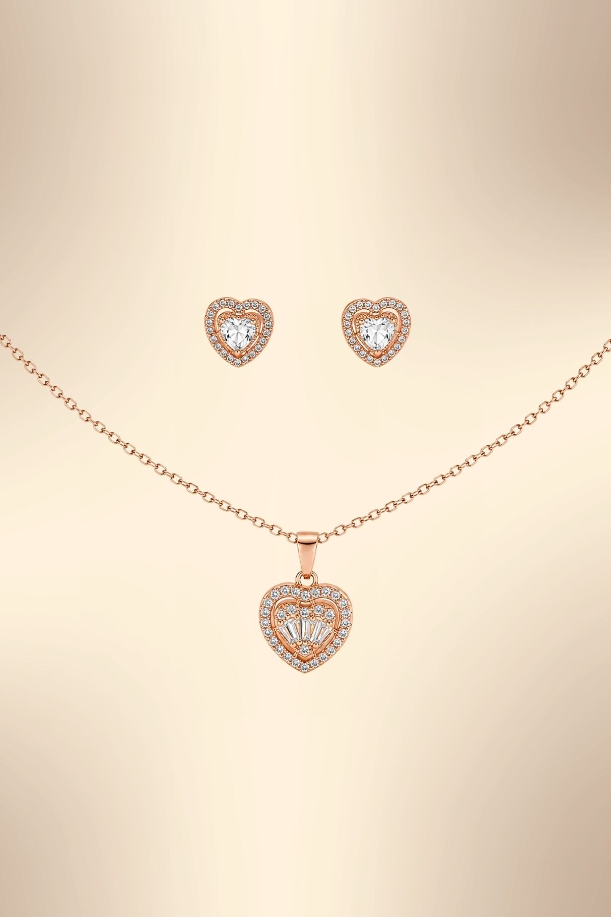Rose Gold Heart Pendant Necklace and Earrings Set