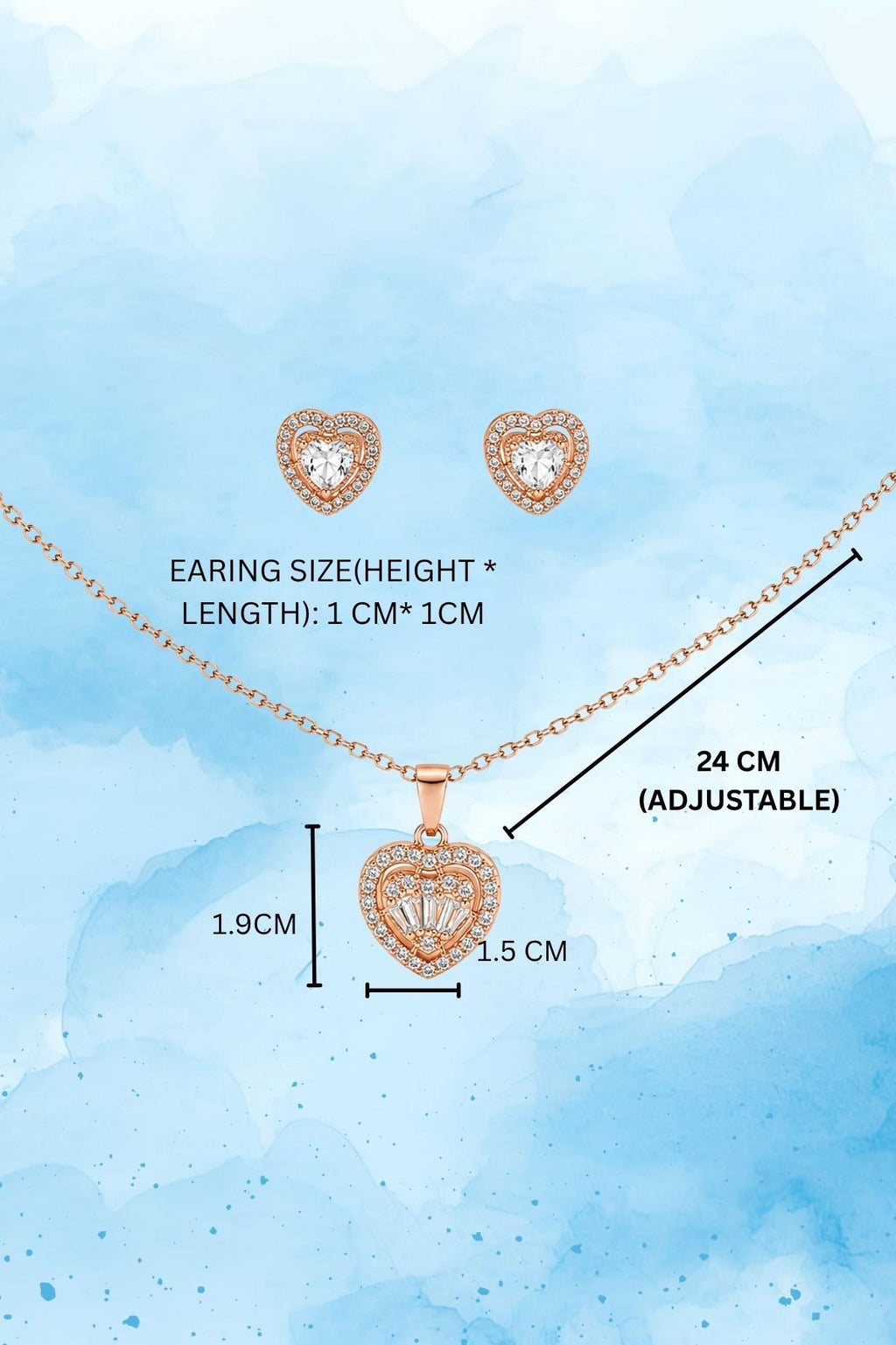 Rose Gold Heart Pendant Necklace and Earrings Set