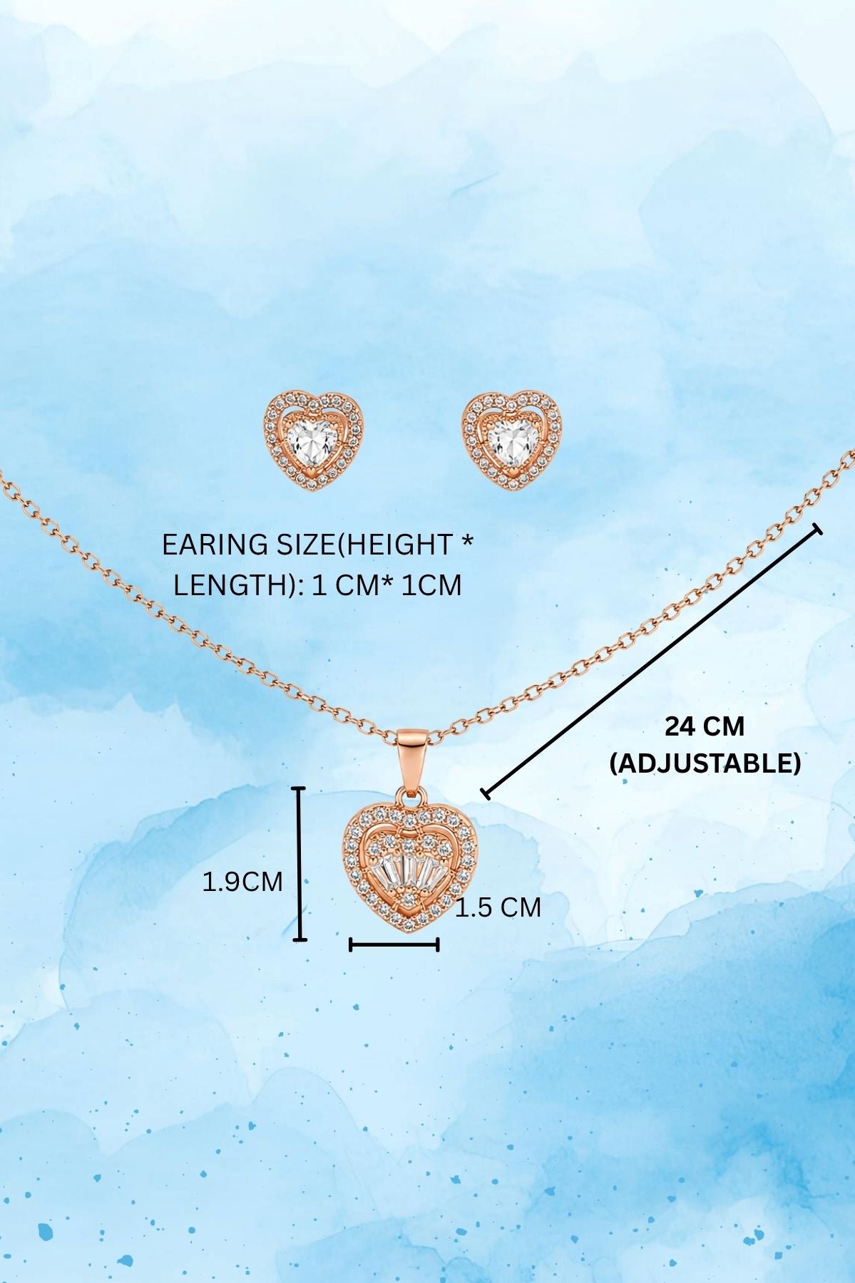 Rose Gold Heart Pendant Necklace and Earrings Set