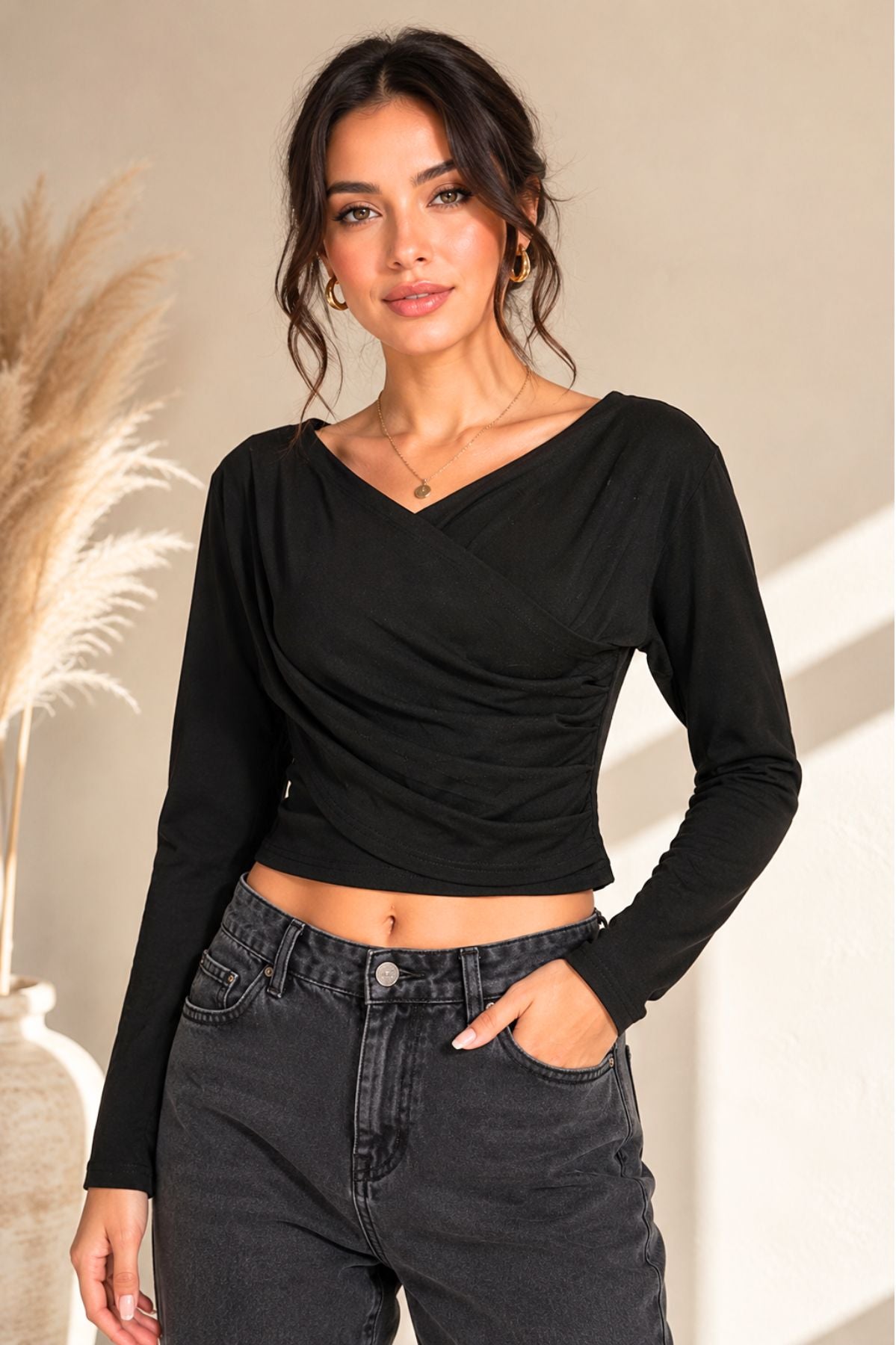 Black Crossover Ruched Crop Top for Women