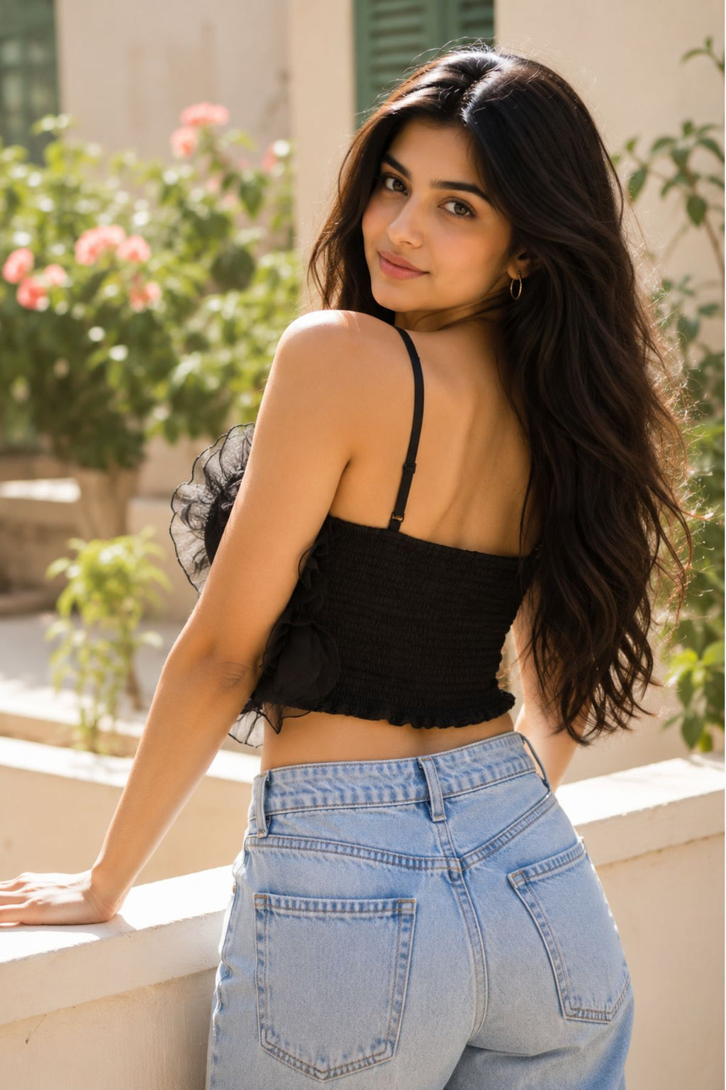 Black Ruffled Organza Crop Top for Women