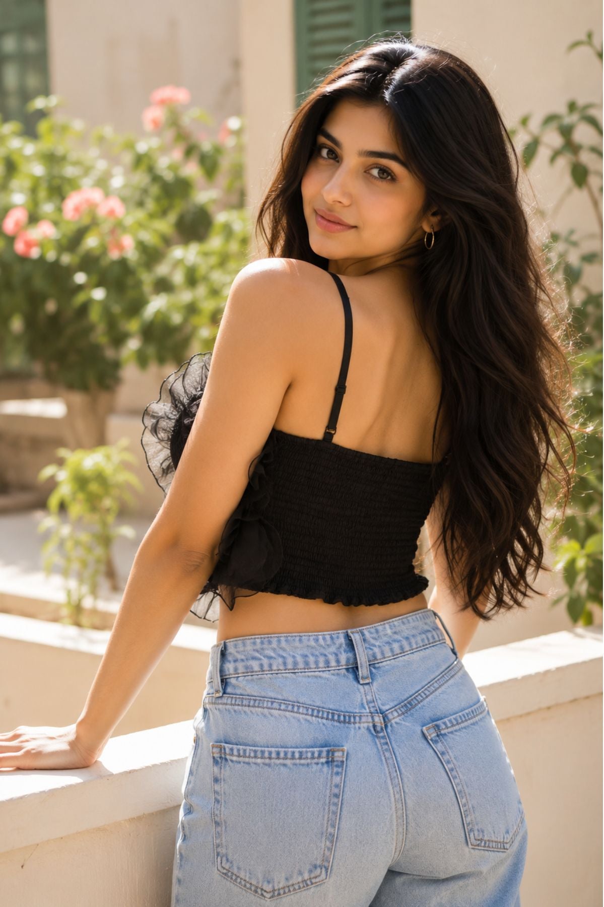 Black Ruffled Organza Crop Top for Women