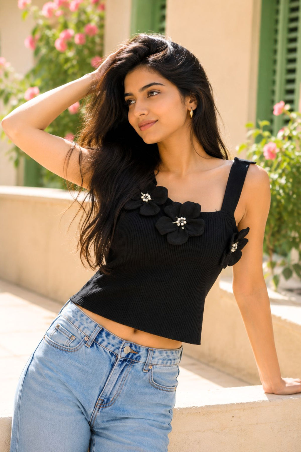 Black 3D Floral Ribbed Crop Top for Women