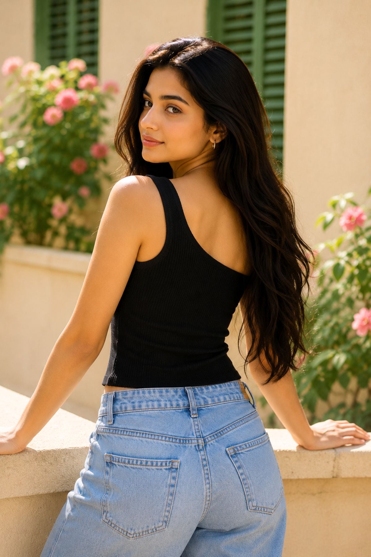 Black 3D Floral Ribbed Crop Top for Women